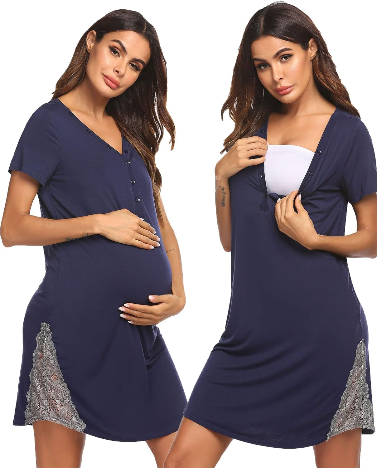 Ekouaer Nursing Nightgown Button down Maternity Hospital Gown for Breastfeeding Delivery Labor Nightgown with Lace Trim image number 1