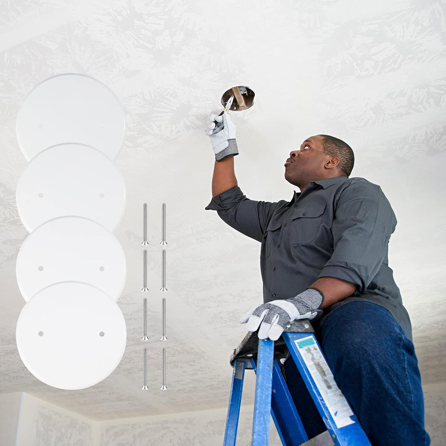 4 Packs 5 Inch Ceiling Cover Plate Metal Flat round Electrical Cover Blank Circle Wall Plate with Screws Ceiling Fan Switch Cap Cover, Holes Are Spaced 3.5 Inches, White (For 4 Inch Electrical Box)