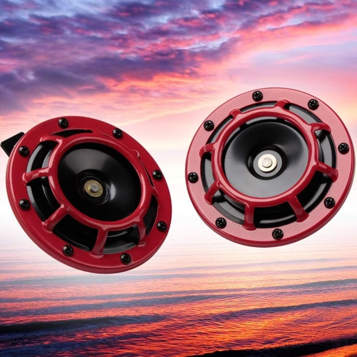 Universal 12V Super Loud Twin Horn Kit ，High/Low Tone 120Db Motorcycle & Car Horn with Protective Grill, Easy Installation for Auto/Bike/Truck (Red) image number 3