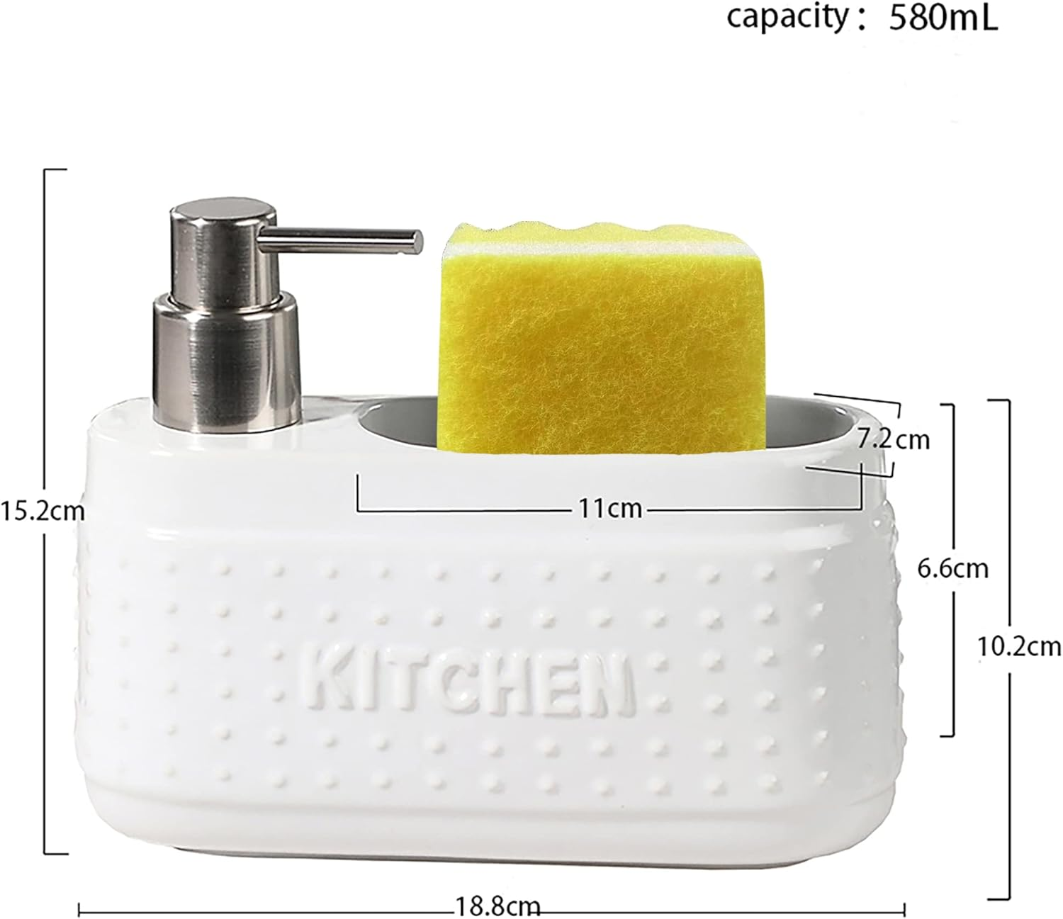 White Dish Detergent Dispenser for Kitchen Sink.Ceramic Dishwashing Liquid Dispenser with Sponge Holder -580Ml Large Capacity - Black image number 3