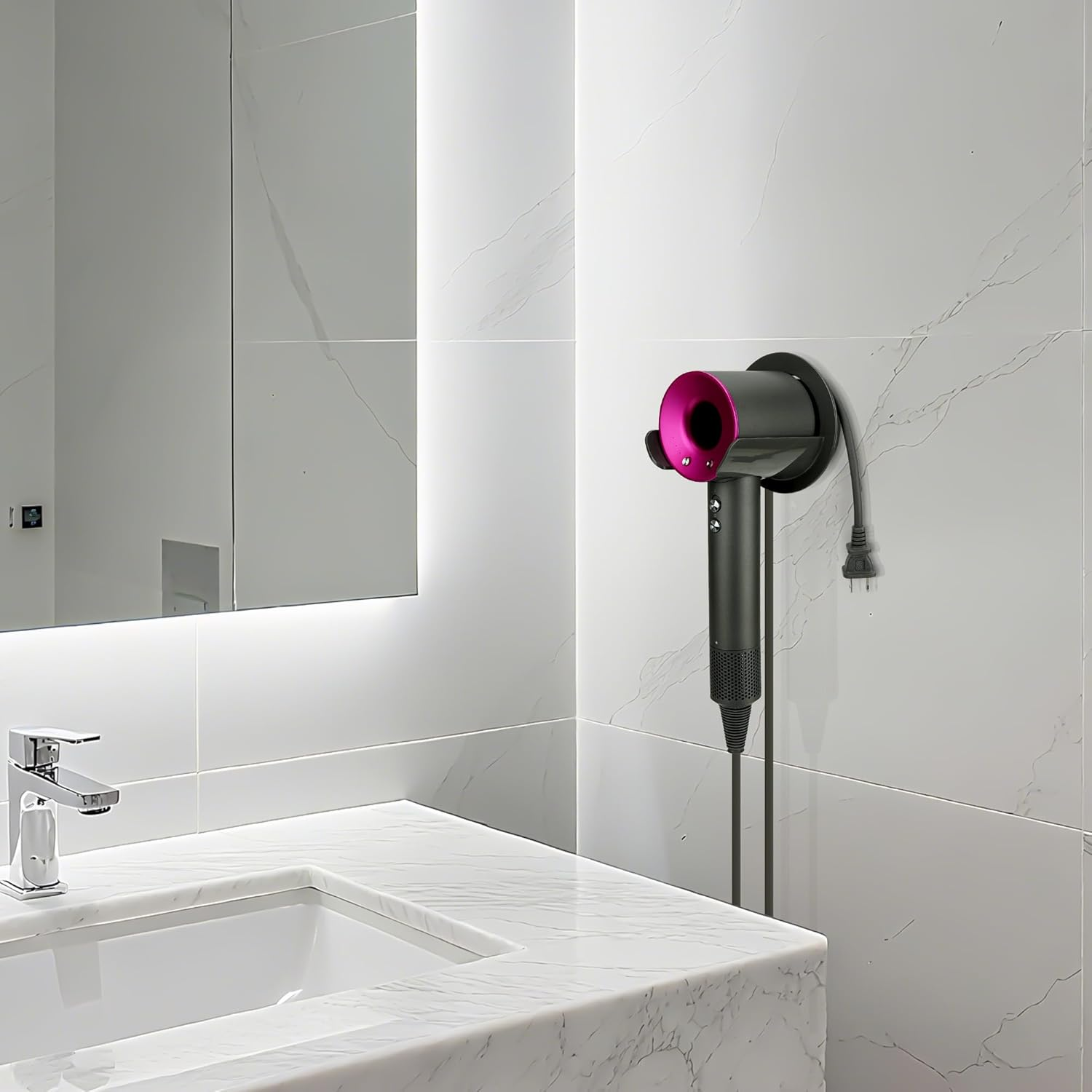 Hair Dryer Holder Wall Mounted Compatible with Dyson Hair Dryer, Self Adhesive Blow Dryer Holder Organizer with Cord Storage for Bathroom (2 Pack / Gray & Cream White) image number 2