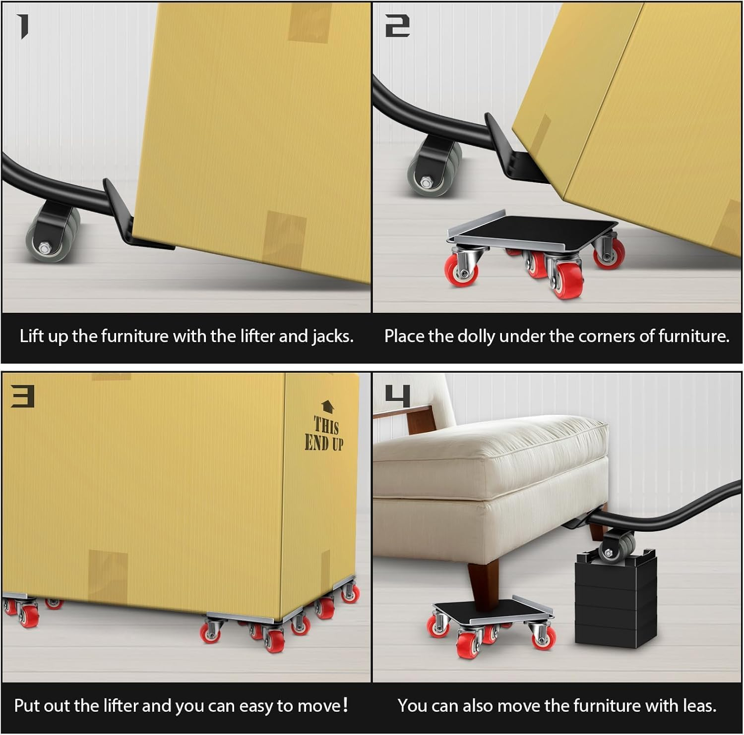 Rukoy Heavy Furniture Lifter Moving Tool Set - Carbon Steel Furniture Lifter 1322LBS Capacity - Heavy Duty Furniture Moving Wheels Rollers Tools for Bed, Sofa, Wardrobe, Table, Refrigerator image number 2