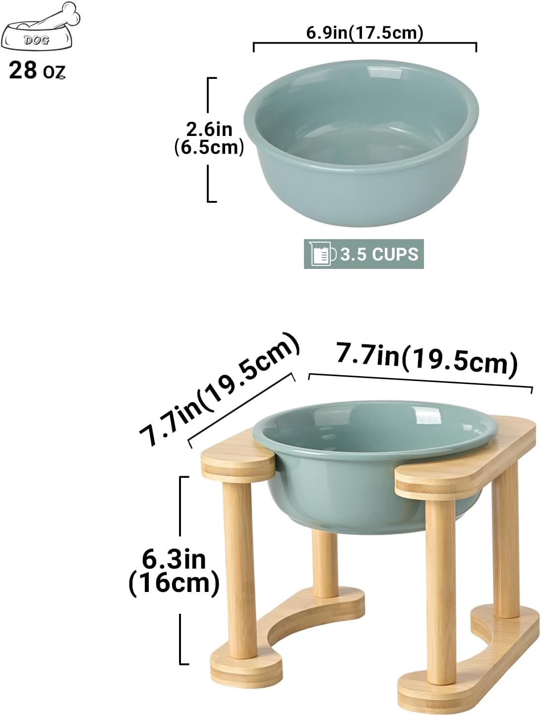 SPUNKYJUNKY Elevated Ceramic Dog Bowls with Non-Slip Stand Raised Dog Bowl Food and Water Pet Feeding Bowl for Medium and Large Dog(Single 28OZ Bowl,Dark Green)