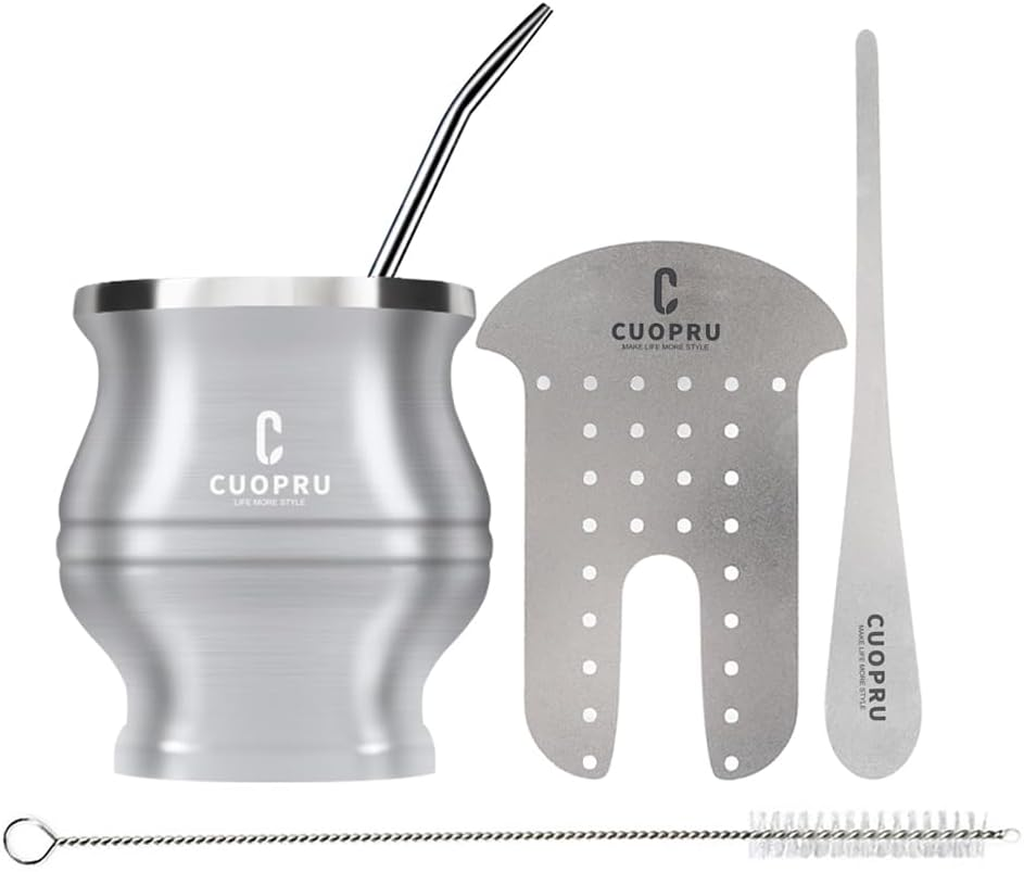 Cuopru Yerba Mate Cup Bombilla - Mate Gourd Set Includes Double Walled Stainless Steel Tea Cup, Tea Shaper Set, Bombilla Straws, Cleaning Brush - Army Green image number 3