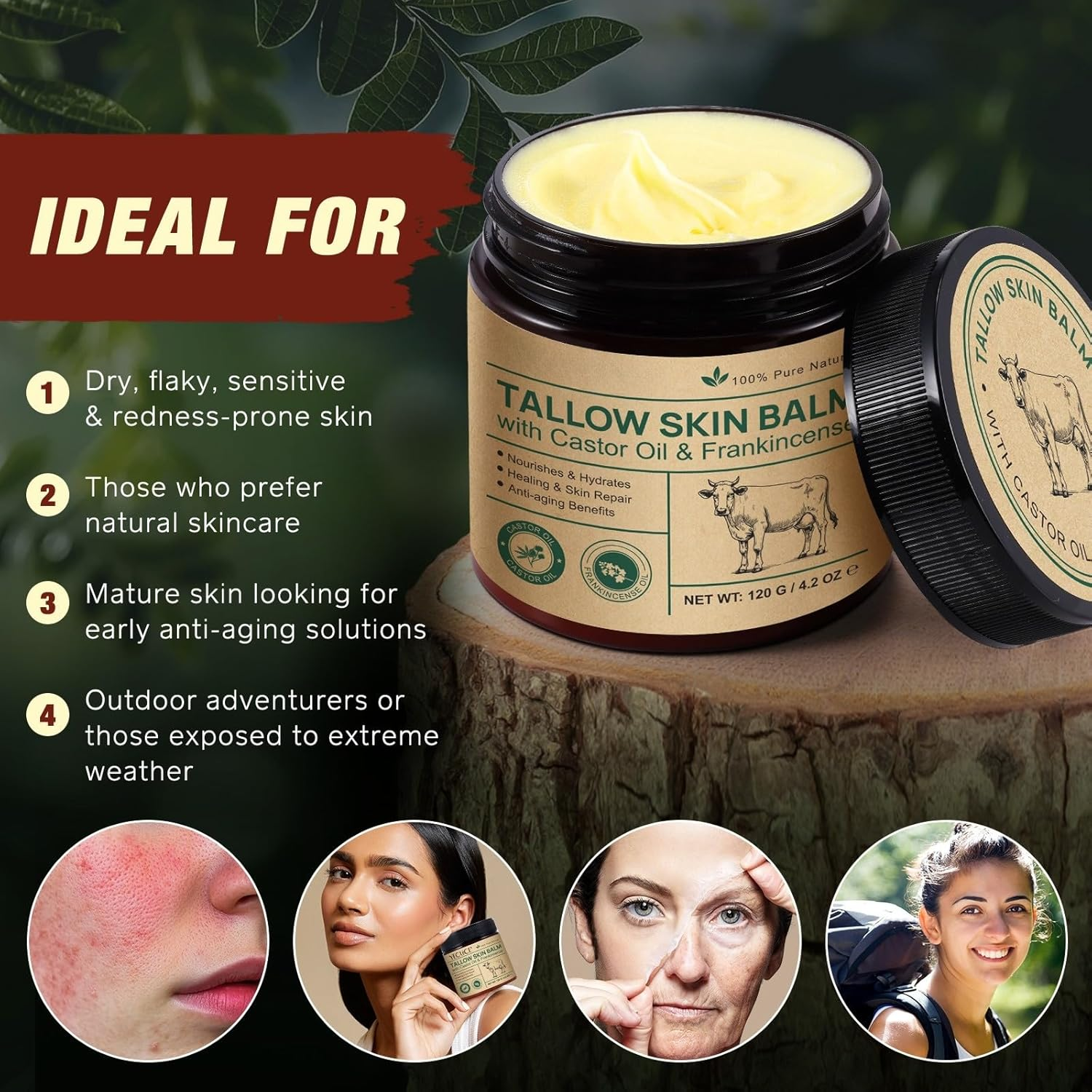 Tallow Skin Balm with Castor Oil & Frankincense | 100% Grass-Fed Tallow Moisturiser for Face & Body | Nourishing & Hydrating Balm for Sensitive Skin | 120G image number 2