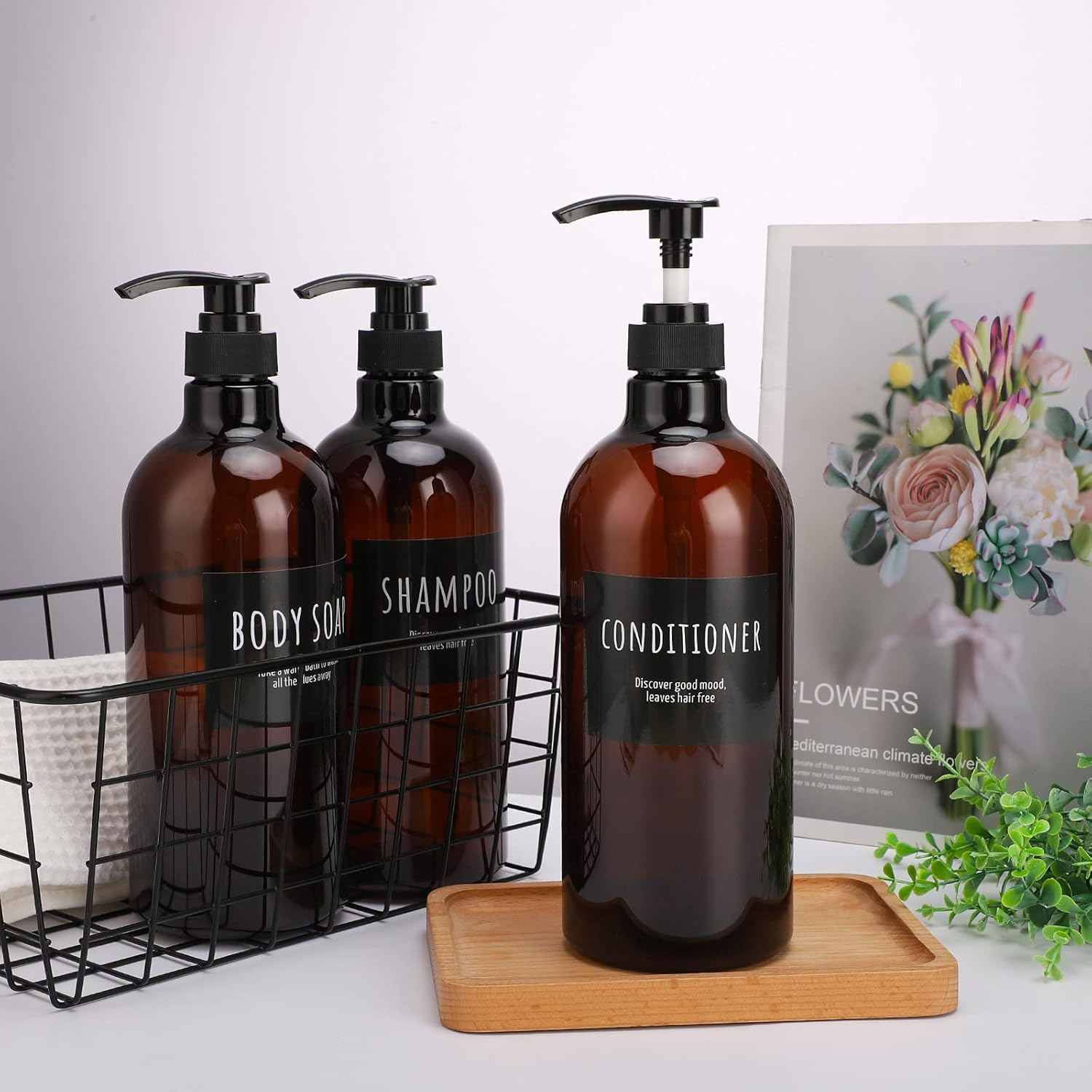 Segbeauty 32Oz Refillable Shampoo Bottles, Empty Shampoo and Conditioner Bottle with Pump, 3Pcs 1 Liter Lotion Dispenser for Body Soap Conditioner, Labeled Brown Plastic Press Dispenser image number 4