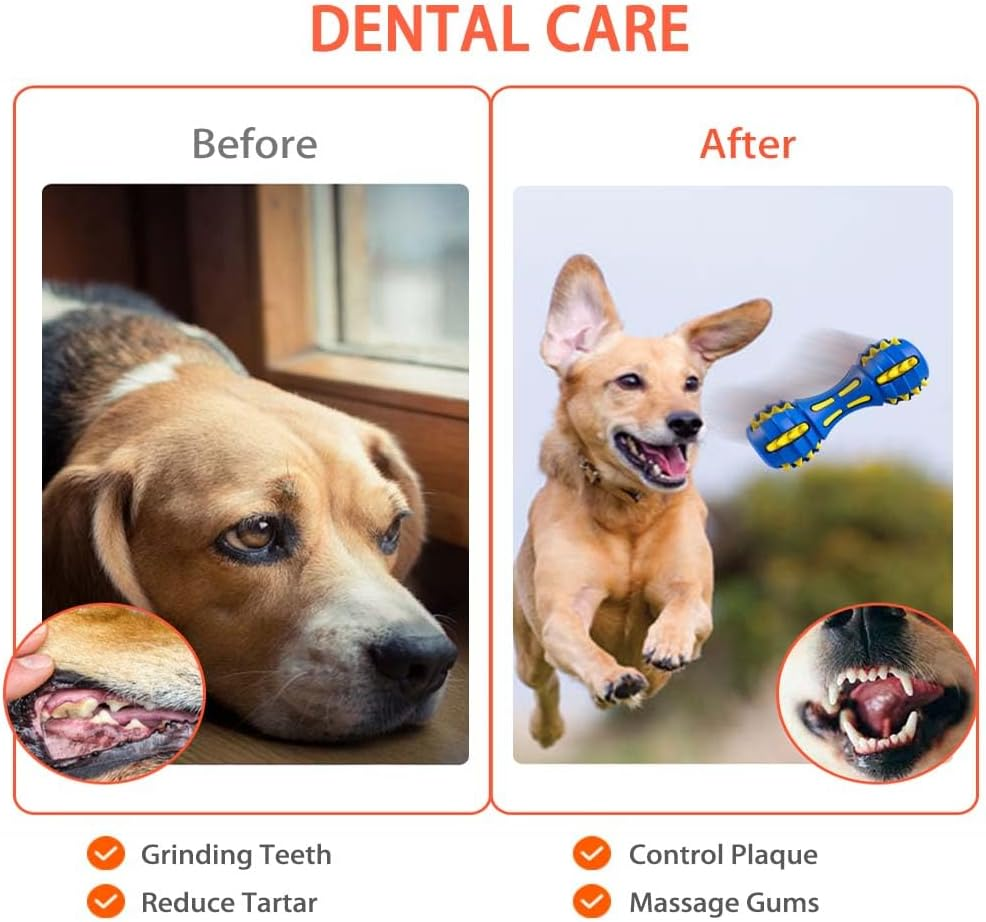 AUSCAT Dog Squeaky Chew Toys, Interactive Rubber Dog Toys for Large Medium Dogs, Dumbbell Shape, Blue and Black (Pack of 2) - Blue image number 2