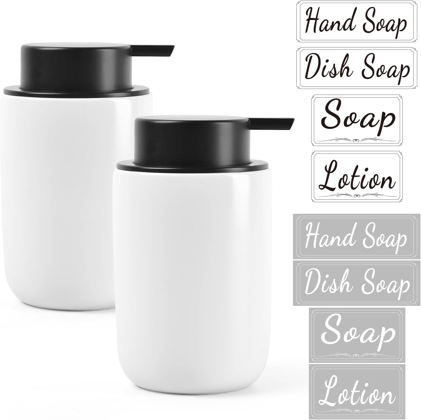 Bosilunlife White Soap Dispenser Set - 2 Pack 12Oz Ceramic Dish Soap Dispenser with Rust Proof Pump for Kitchen, Hand Soap and Lotion Set Suitable for Farmhouse Bathroom Decor with Waterproof Labels