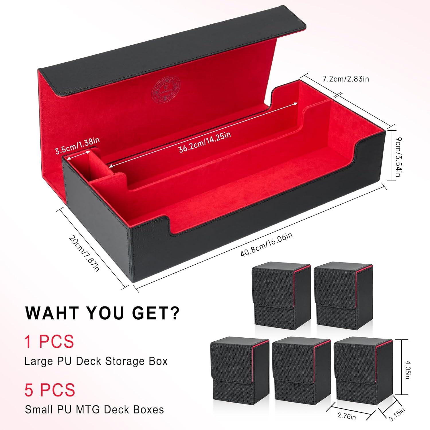 6 In1 Card Deck Box Set,X-Large Premium Card Game Deck Storage Box with 5 Small Card Deck Case Compatible with Mtg/Tcg/Yugioh/Magic/Commander(Black＆Red) image number 2