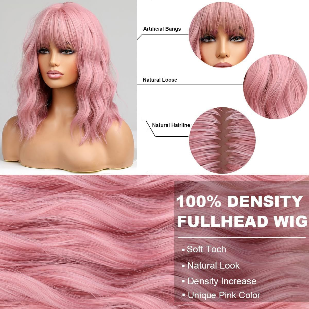 24 Inches Women Girls Short Curly Synthetic Wig with Bangs Lovely Pink