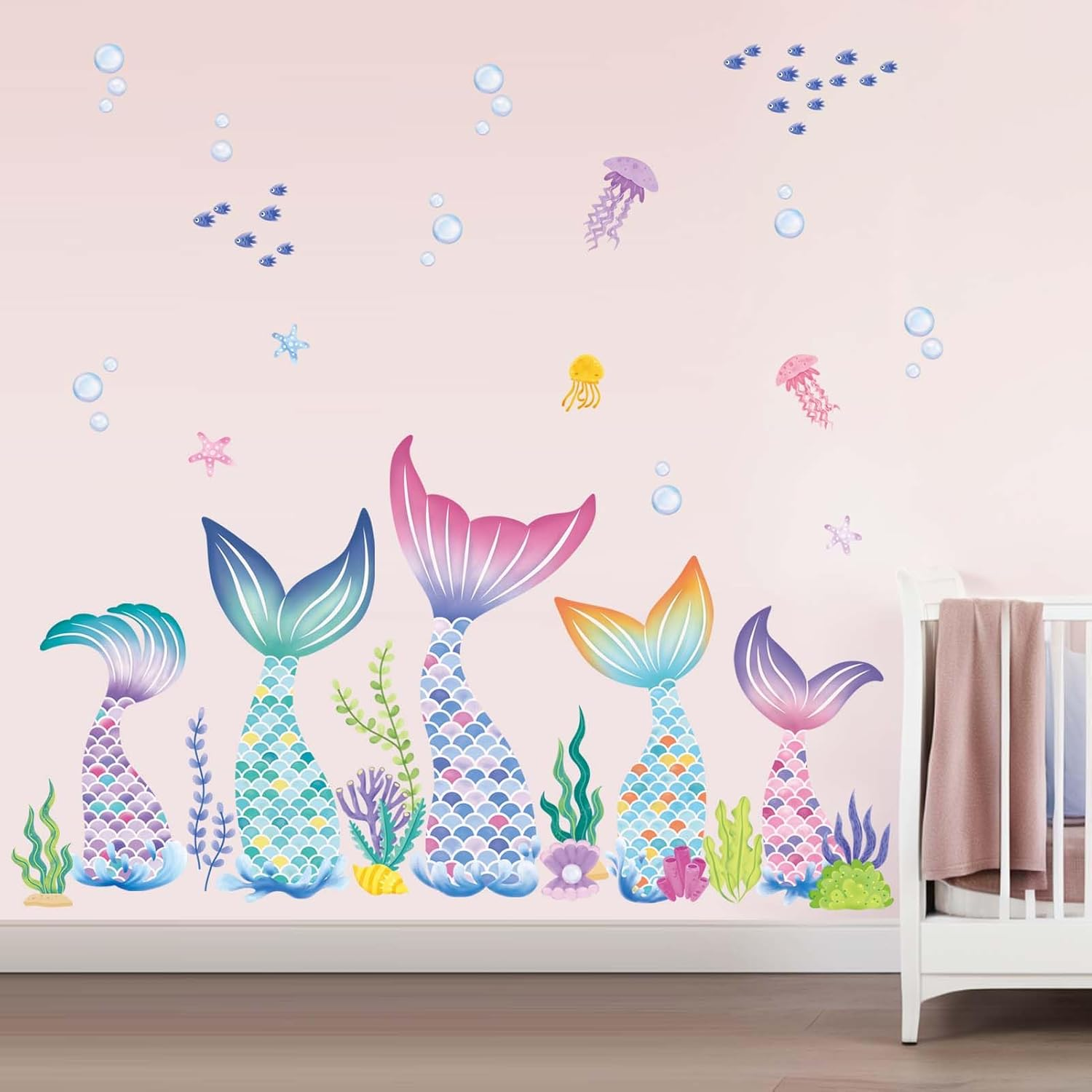 Amimagen Baby Girls Mermaid Tail Wall Stickers - under the Sea Marine Theme Wall Decals - Nursery Kids Room Daycare Bedroom Bathroom Wall Decor image number 1