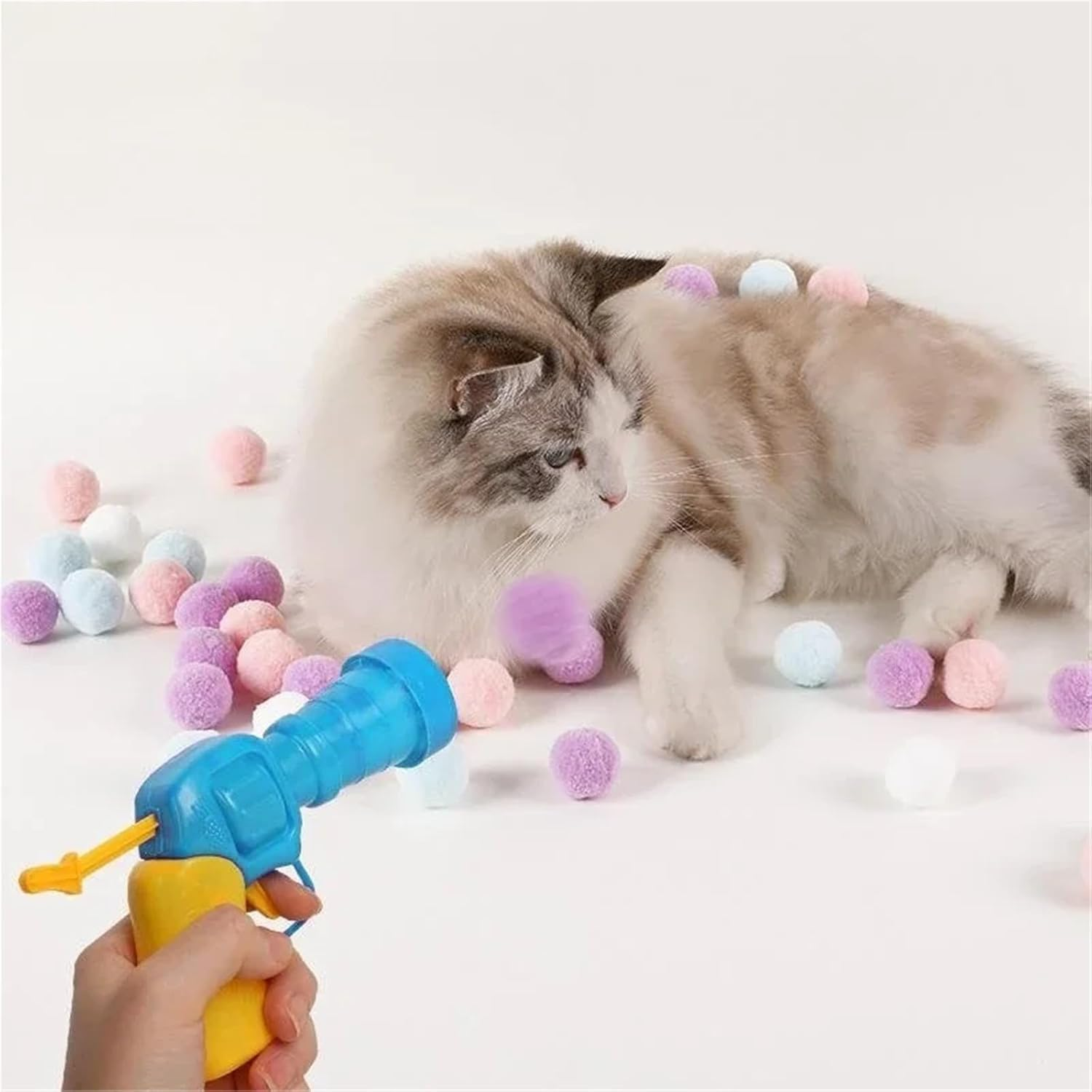 Cat Toy Ball Launcher,30Pcs Pompom Ball and 1 Ball Toy Launcher,Colorful and Soft Interactive Cat Balls, Funny Interactive Cat Toys image number 1