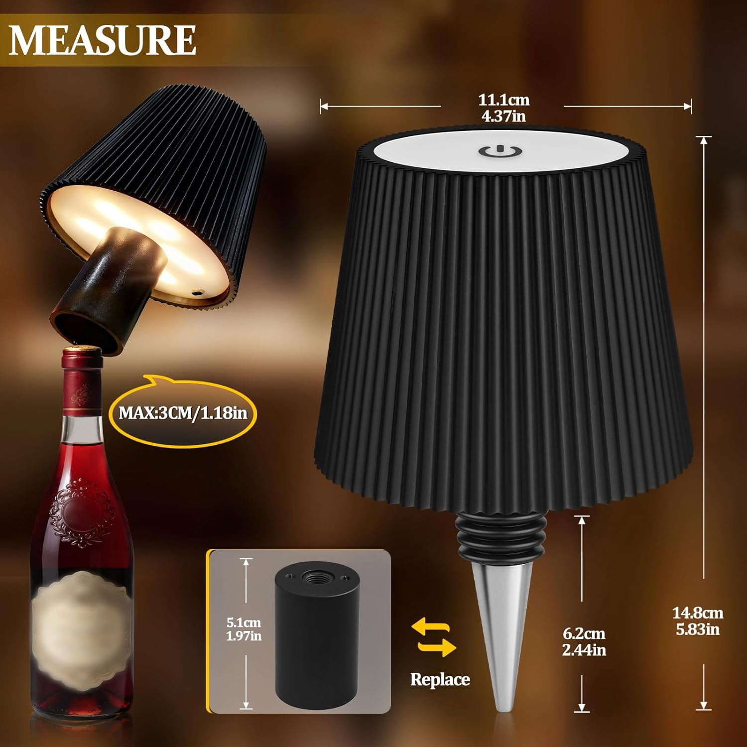 Bottle Lamp Attachment LED Rechargeable, 3 Adjustable Colour Temperature Modes, Touch Bottle Lamp, Protection Class IP54, Wireless USB Rechargeable Table Lamps, for Restaurant, Bedroom, Garden, Bar image number 5