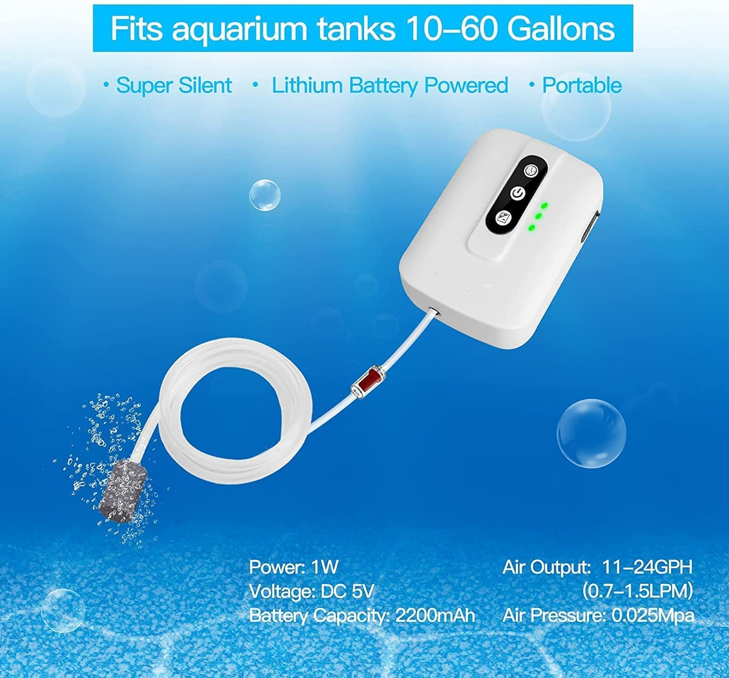 Aquarium Air Pump, Whisper Aerator, for Fish Tank up to 60 Gallons, USB Rechargeable Aquarium Bubbler Aerator for Fishing Seafood Transportation Hydroponic Systems image number 1