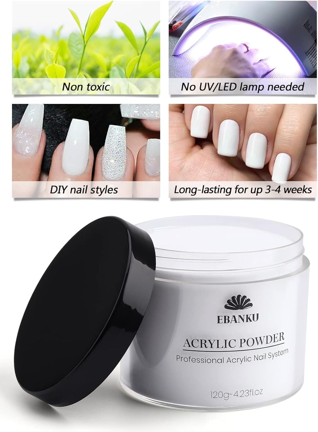Kalolary White Acrylic Powder, 120G/4.23Oz Acrylic Powder Large Capacity Professional Acrylic Nail Powder for Nail Acrylic Extension, Nail Carving, Long-Lasting, No Nail Lamp Needed image number 6