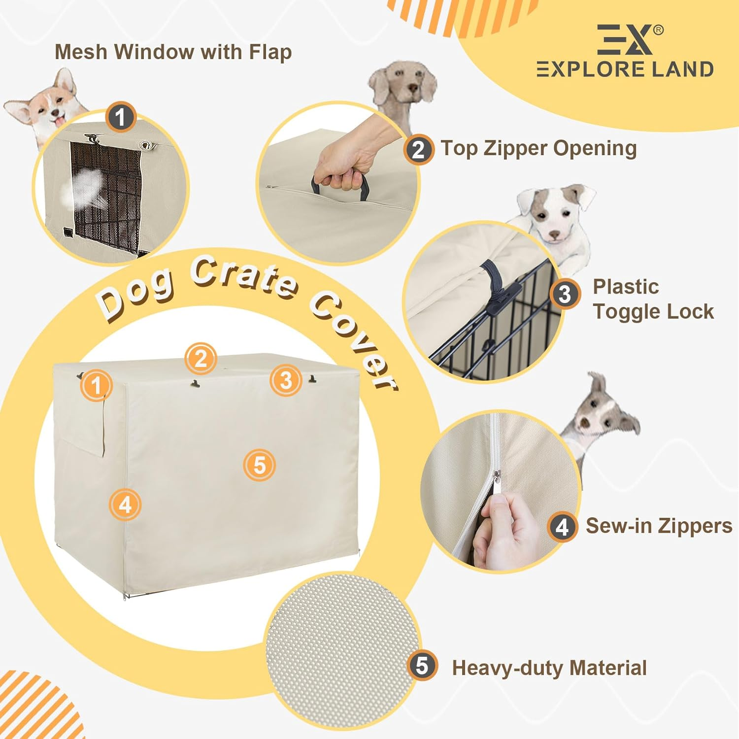 Explore Land Dog Crate Cover Durable Polyester Pet Kennel Cover Universal Fit for Wire Dog Crate (48 Inch, Tan) image number 2