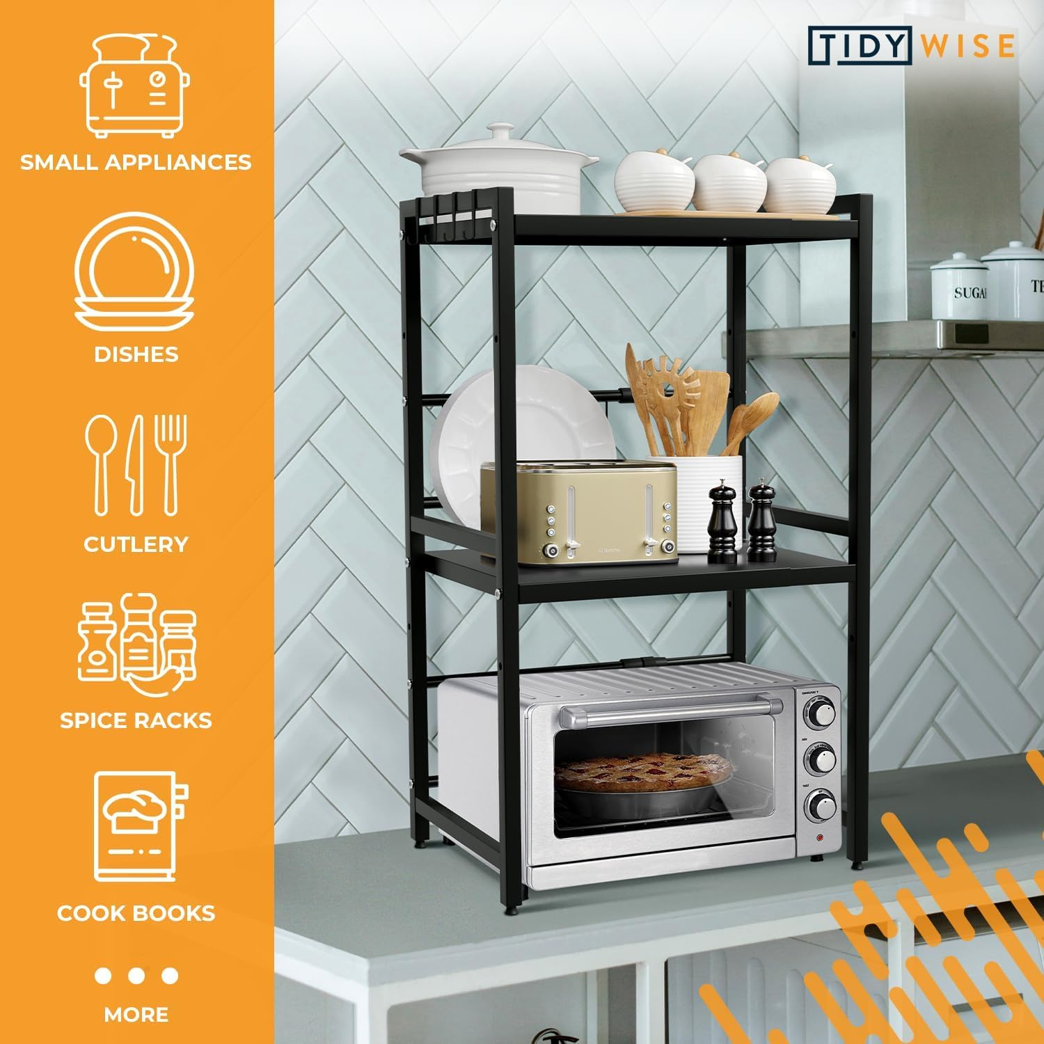 Expandable Microwave Oven Rack, 2 Tier Kitchen Countertop Shelf, Large Stand with Cutting Board Holder, 6 Hooks, Adjustable (Black-3 Tier) image number 1