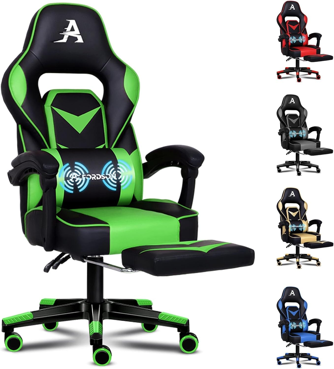 ALFORDSON Gordon Gold Video Gaming Chair with 2-Point Massage, Armrest Headrest, PU Leather Racing Sport Chair with Footrest, High Back Home Executive Office Study Seater