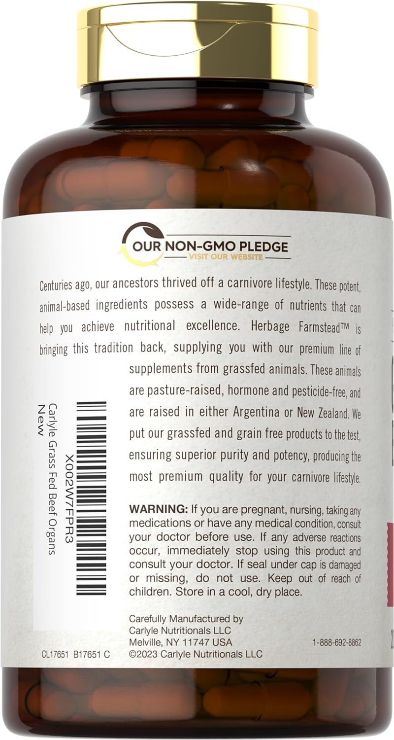 Grassfed Beef Organs Capsules 3250Mg | 200 Count | Desiccated Liver, Kidney, Pancreas, Heart, Spleen Supplement | Non-Gmo, Gluten Free | by Herbage Farmstead image number 3