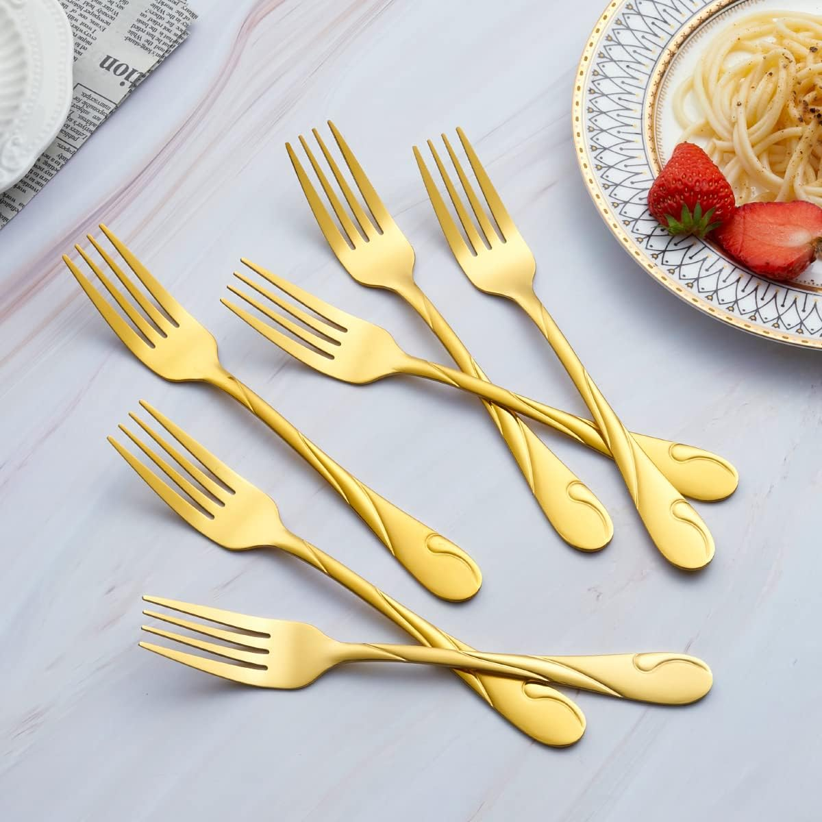 Gold Dinner Fork Set, Seeshine 7.8-Inch(19.8Cm) Stainless Steel Shiny Gold Metal Table Fork, 6 Pieces Kitchen Forks Silverware, Set of 6 - Black image number 5