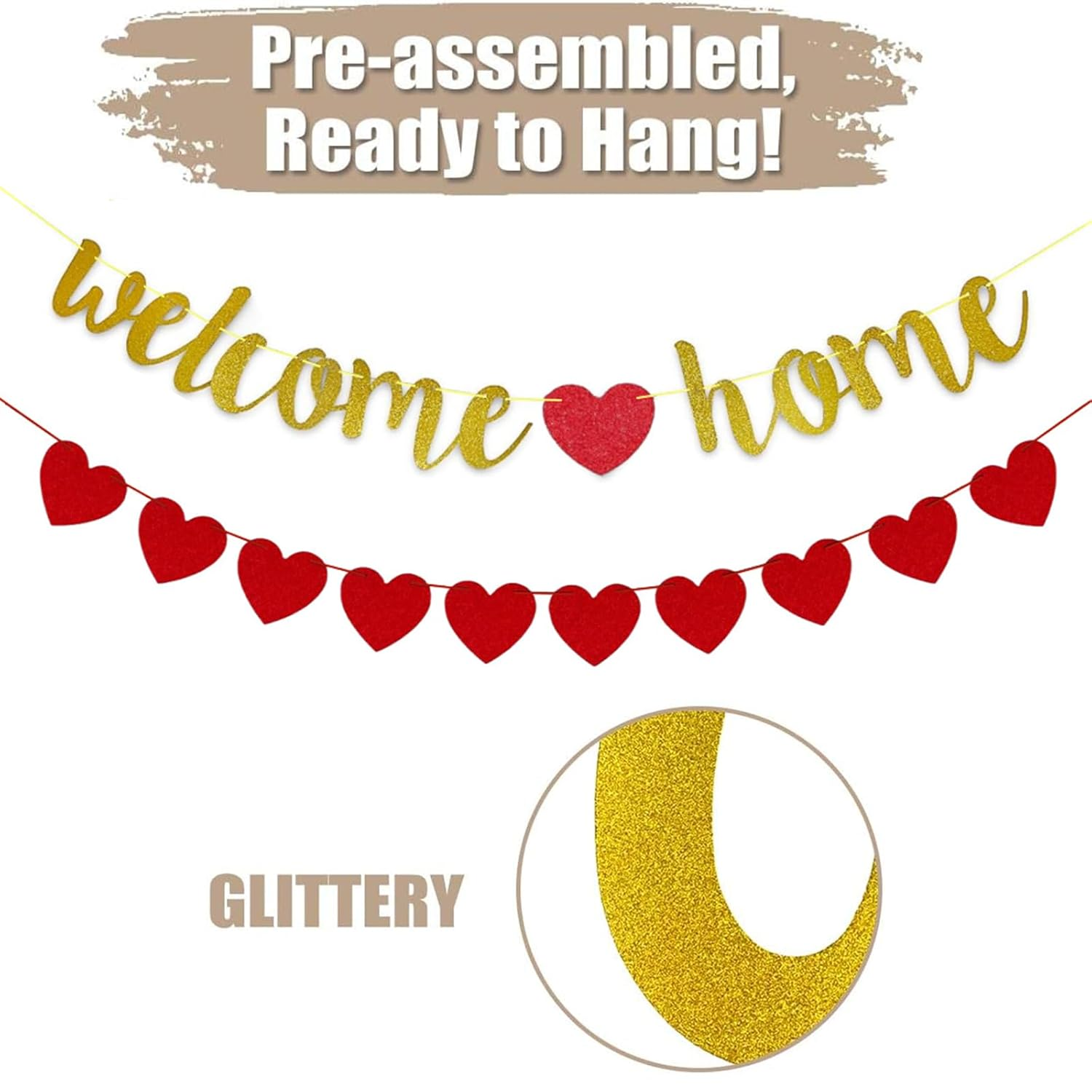 Yeanifeana Welcome Home Banner with Pre-Strung Sparkling Heart Garland, Ready-To-Hang Decoration for Homecoming, Military Return, Family Reunion, Graduation & Housewarming Backdrop, Photo Props, Celebrations image number 2