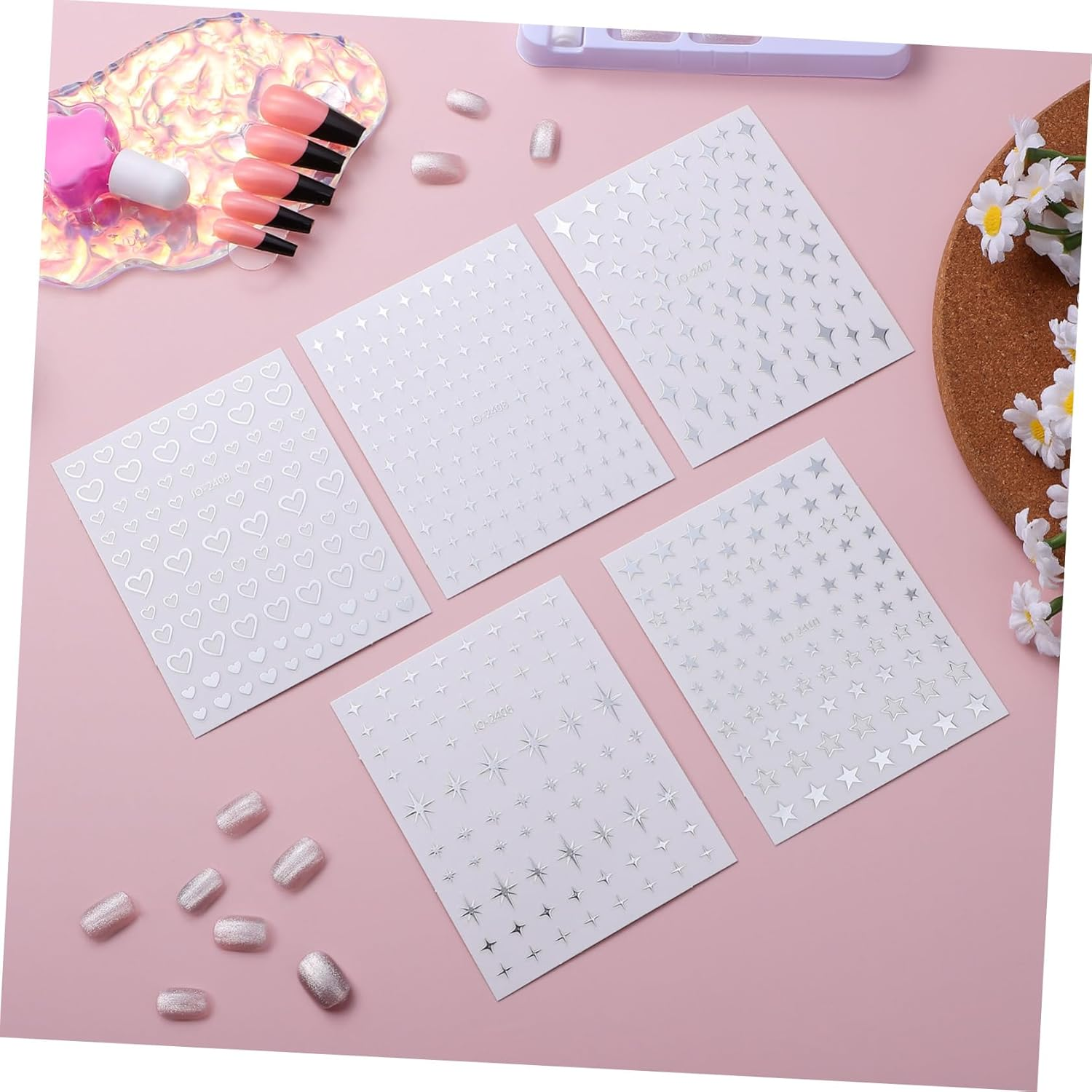 Gogogmee 5 Sheets Nail Art Stickers Silver Stars Moon Nail Stickers Star Decoration Tiny Small for Metal image number 2