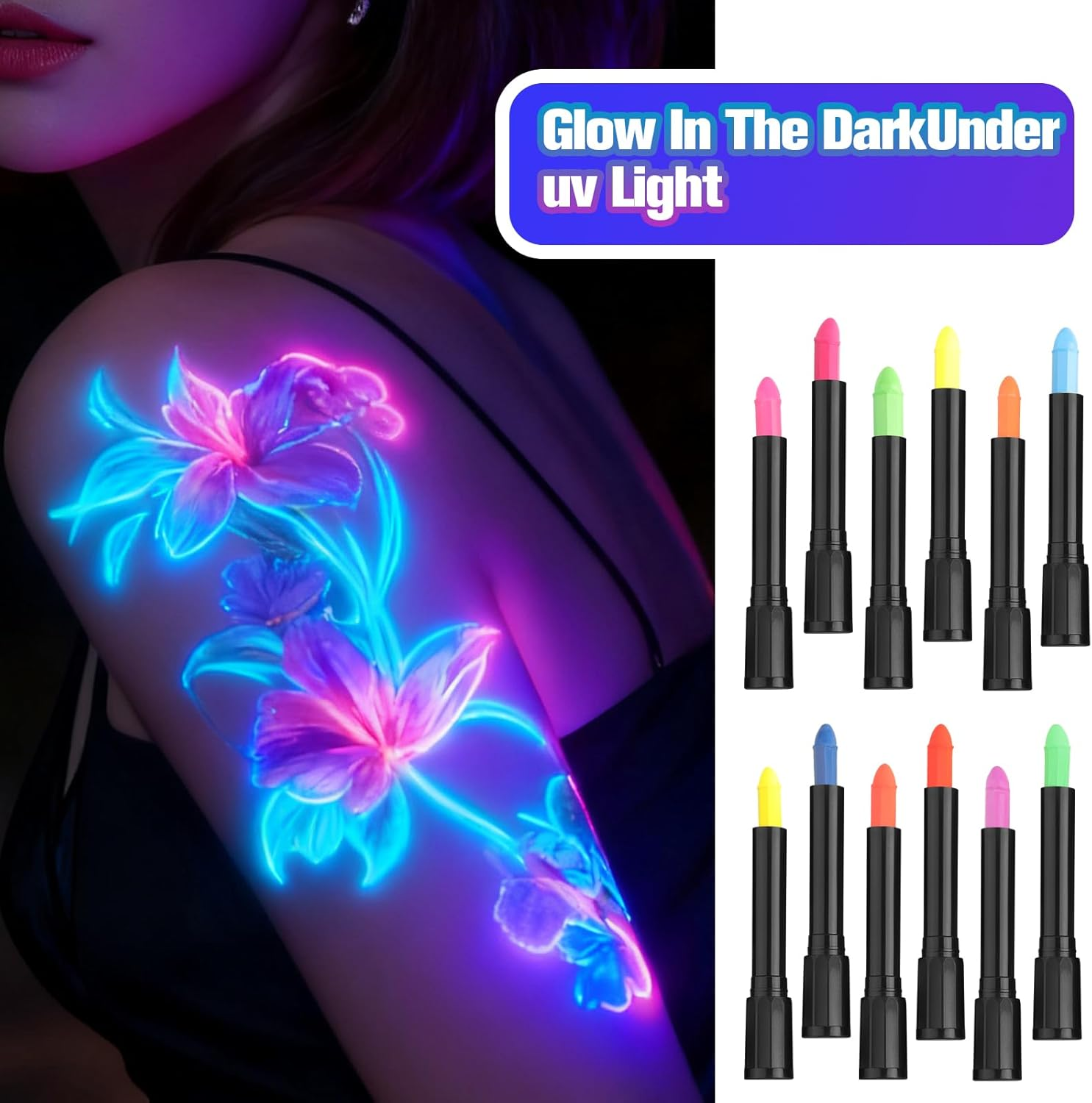 12 Color Glow Face Paint， Glow in the Dark Body Painting Kit under UV and Black Light Makeup Non-Toxic for Halloween Masquerades Easter Festivals Party Supplies image number 2