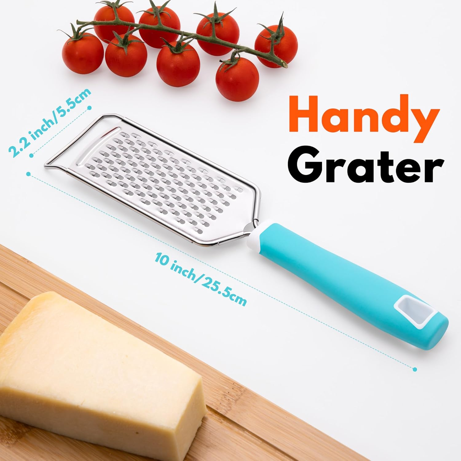 Rainspire Professional Cheese Graters for Kitchen Stainless Steel Handheld, Metal Lemon Zester Grater with Handle for Cheese, Chocolate, Spices, Kitchen Gadgets Tools, Soft Grip Handle (Blue)