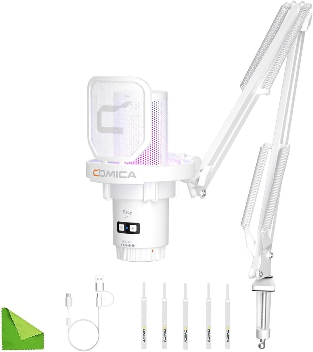 Comica Ejoy Uni a USB Microphone for Computer and Smartphone,Rgb Cardioid Condenser Gaming Mic for Podcasting,Streaming,Recording,Music Creation,With Boom Arm Stand-White image number 5