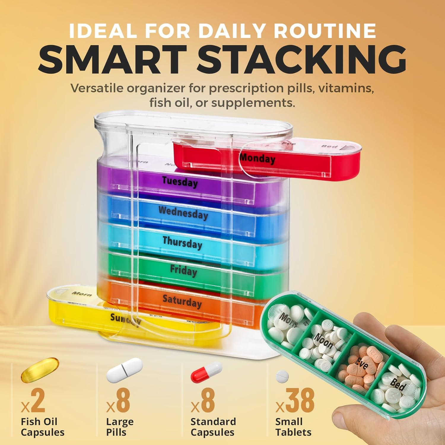 Weekly Pill Organizer, Four Times-A-Day, 1 Dispenser with Stackable AM/PM Compartments image number 6