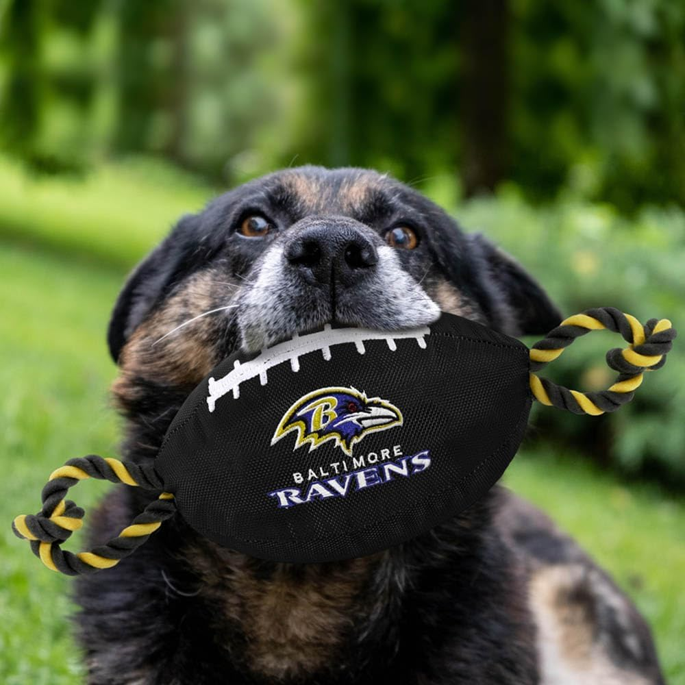 Pets First NFL Baltimore Ravens Football Dog Toy, Tough Nylon Quality Materials with Strong Pull Ropes & Inner Squeaker in NFL Team Color (BAL-3121) image number 5