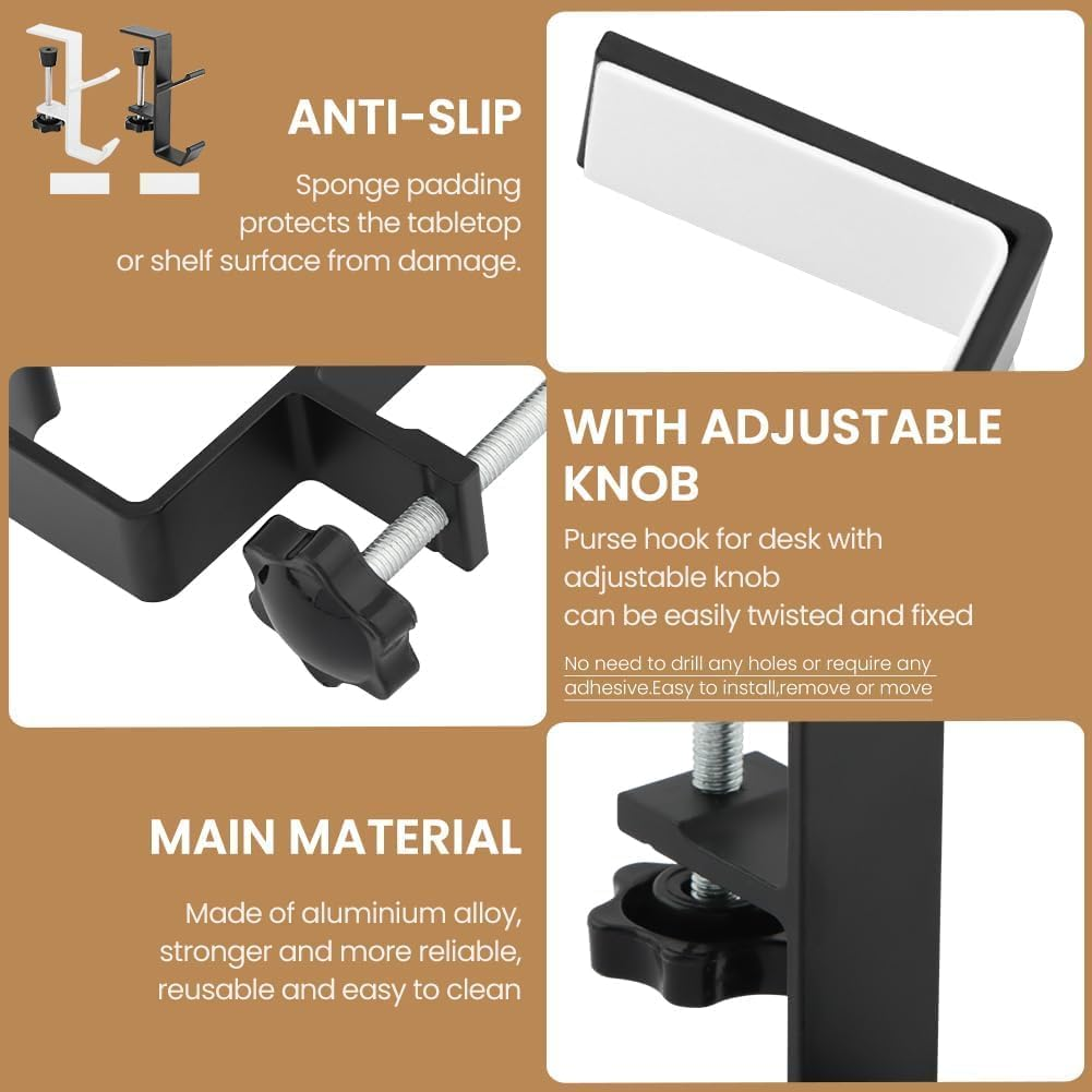 Mijradge Desk Mount Bag Holder Hook Clamp, 2-Pack, White+Black, Aluminium, 2 Hooks, Clamp Mount