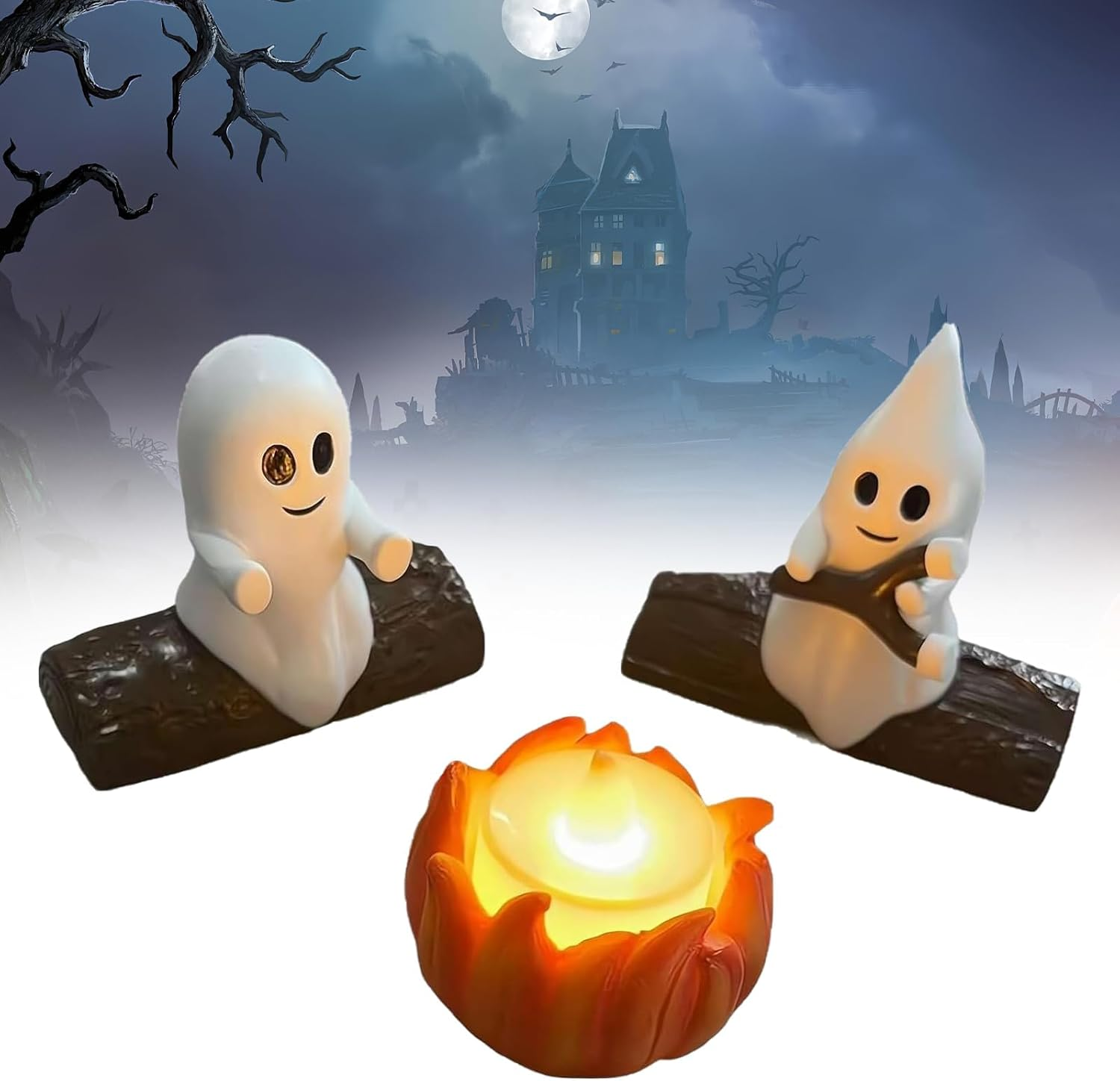 Halloween Ghost Bonfire Decoration, Night Light, Resin Ghost Decoration with Flashing LED, Halloween Decoration, Cute and Comfortable Ghost Statue, Suitable for Home or Desk (Cats and Dogs) (A)