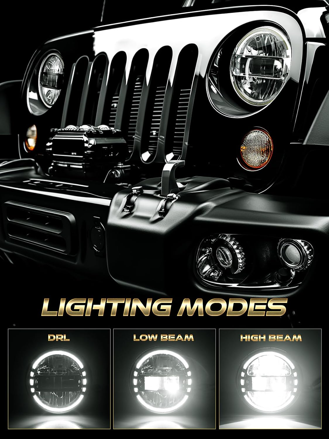 7 Inch Led Headlights DOT Approved Jeep Headlight with DRL Low Beam and High Beam for Jeep Wrangler JK LJ CJ TJ 1997-2018 Headlamps Hummer H1 H2-2019 Exclusive Patent (Black) image number 4