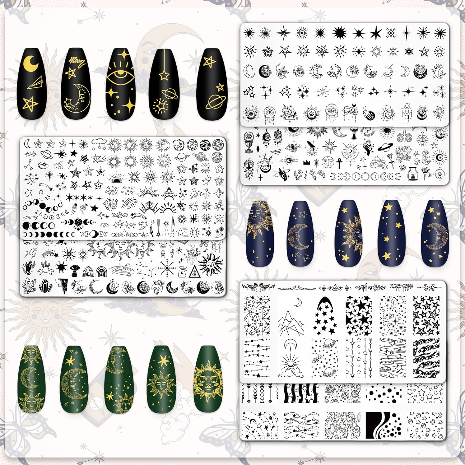 Whaline 6Pcs Sun Moon Star Nail Plates Stamping Set Groovy Stamp Templates Nail Art Plates for DIY Print Manicure Salon Design Gift Supplies image number 2