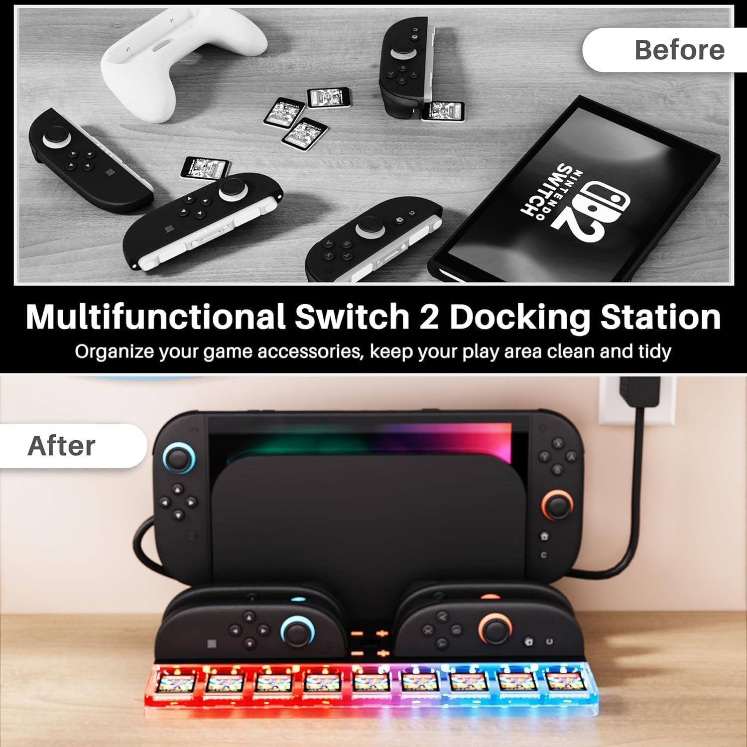 ZONEY Charging Dock Station for Nintendo Switch 2 Joy Con, 4 Controllers RGB Light Fast Charger Stand Station, with 9 Game Card Storage Stand, Black image number 2