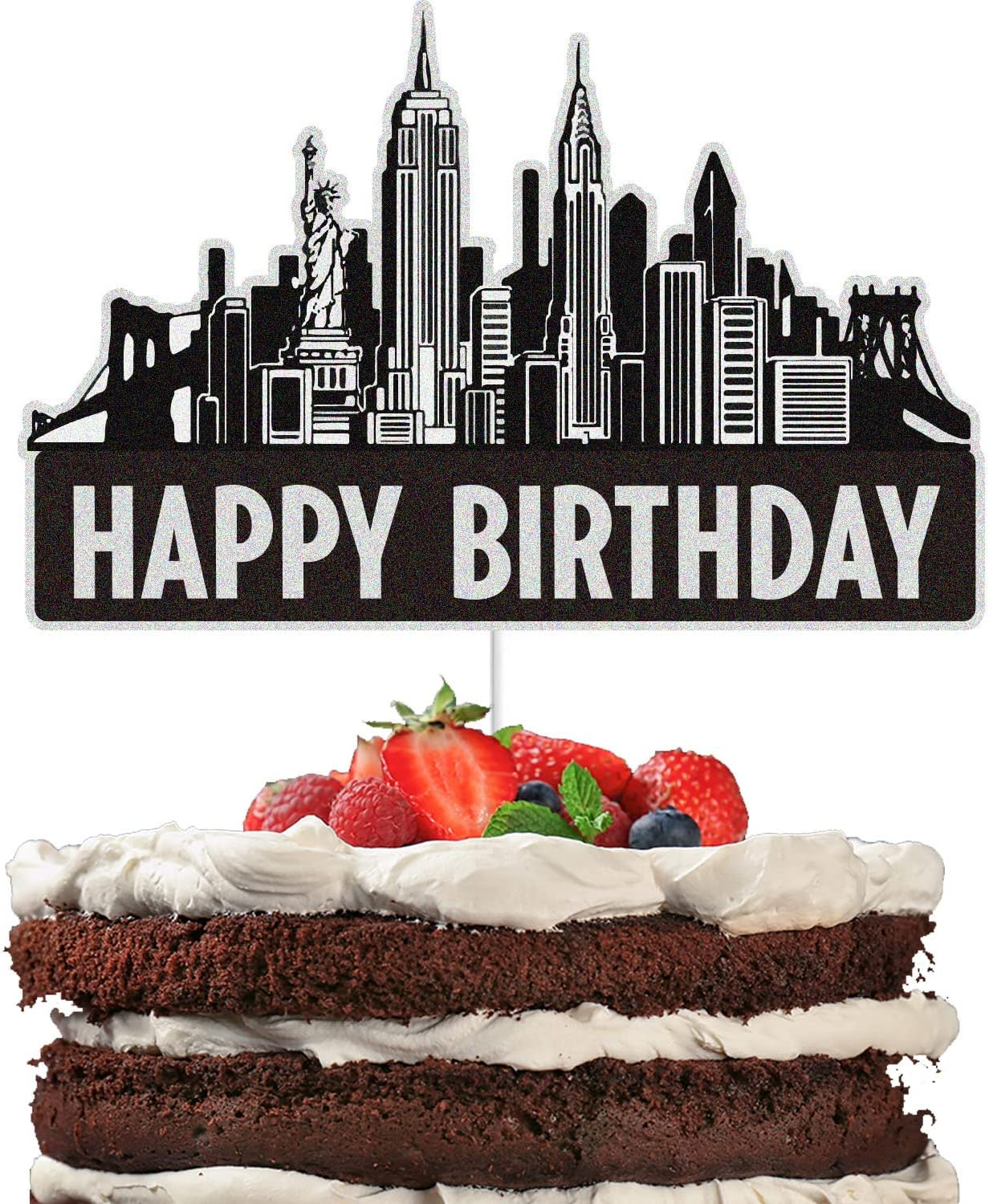 New York City Cake Toppers Black Glitter NYC Cityscape Bday Party Cake Decor Scenic Building Images Lighted City Backdrop Party Decoration Supplies image number 5