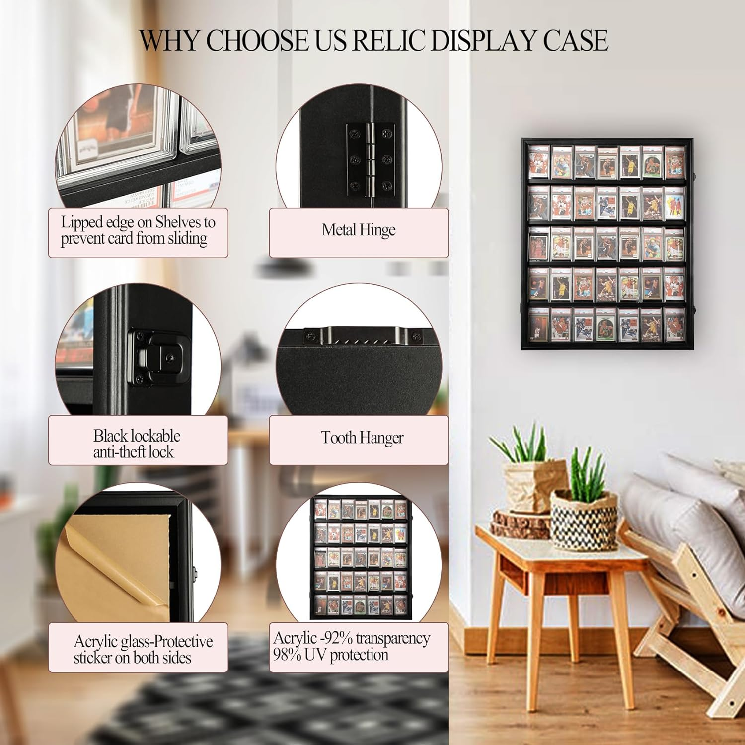 Graded Sports Card Display Case - 35 Baseball Card Display Case -Trading Card Frame Wall Display Lockable with UV Protection Acrylic Door for Football Basketball Hockey Cards,Black image number 1