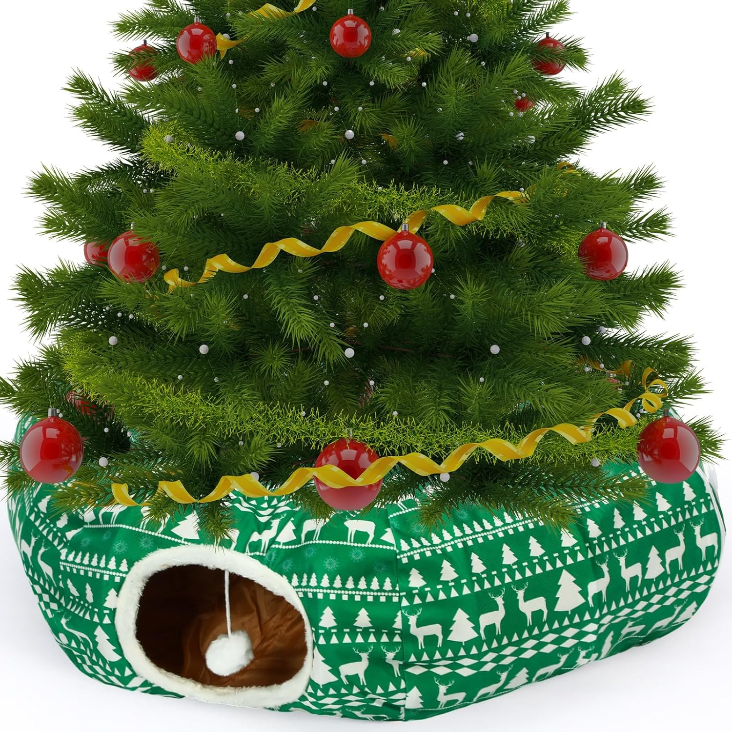 Yeyeplum Cat Tunnel Bed Indoor 3 Ft X 3 Ft X 10 Inch Kitten Donut Tunnel with Ball Peekaboo Cat Cave Summer Pet Bed round Hideaway Holiday Circle Cave Pets Gift(Green,Santa Claus)