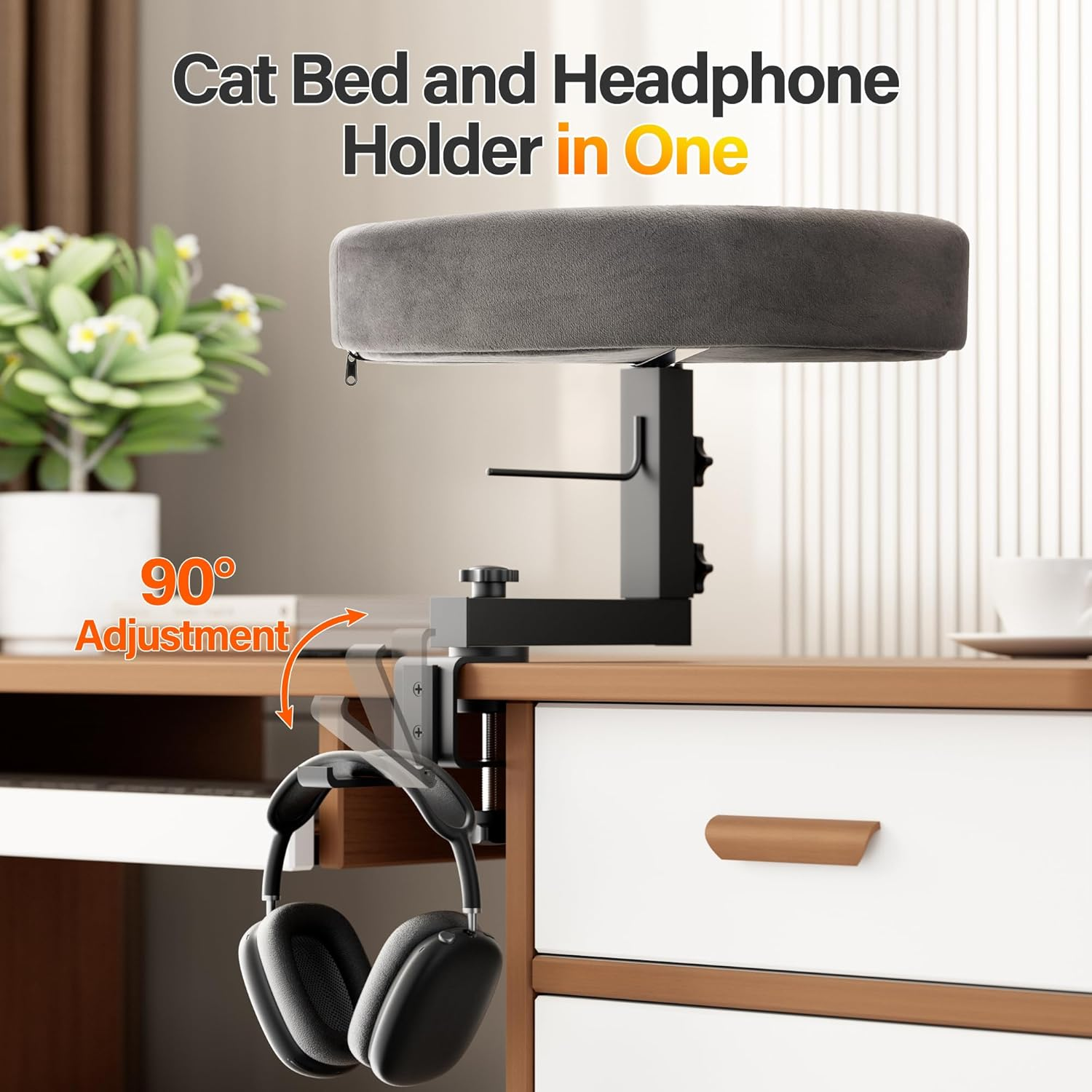 Amniau 2-In-1 Cat Bed Desk Mount & Headphone Hanger &ndash; Adjustable Cats Hammock Bed for Desk, Cat Beds & Furniture for Home Office or Gaming Setup image number 5