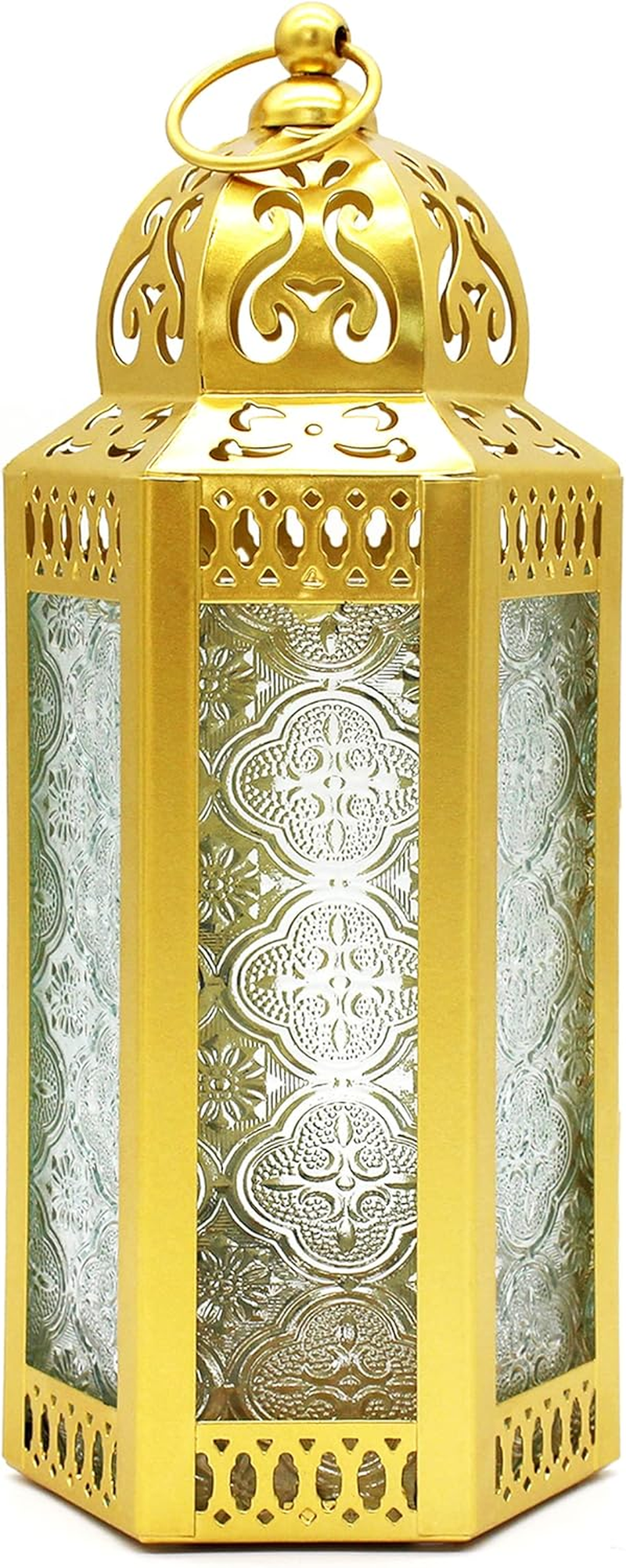 CVHOMEDECO. Decorative Candle Lantern Moroccan Lanterns Vintage Black Metal Lantern Holder for Home Patio Outdoor Decor. Cobalt Glass, Medium