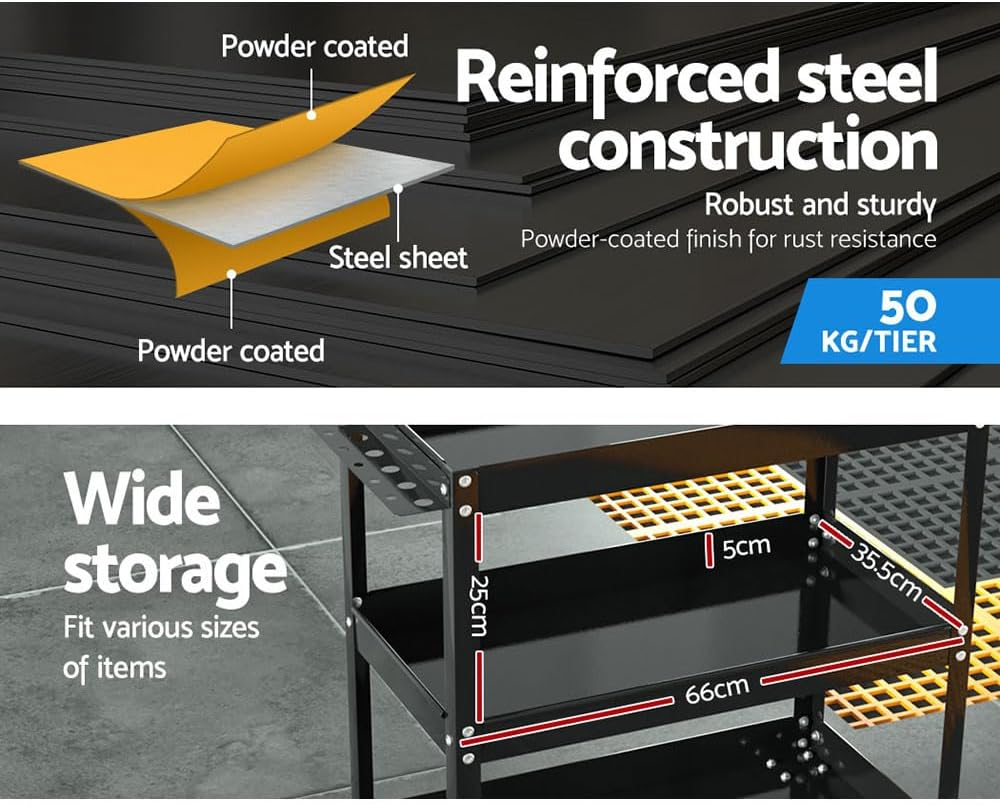 3-Tier Tool Cart Trolley Workshop Garage Storage Organizer Black Heavy Duty Utility image number 2