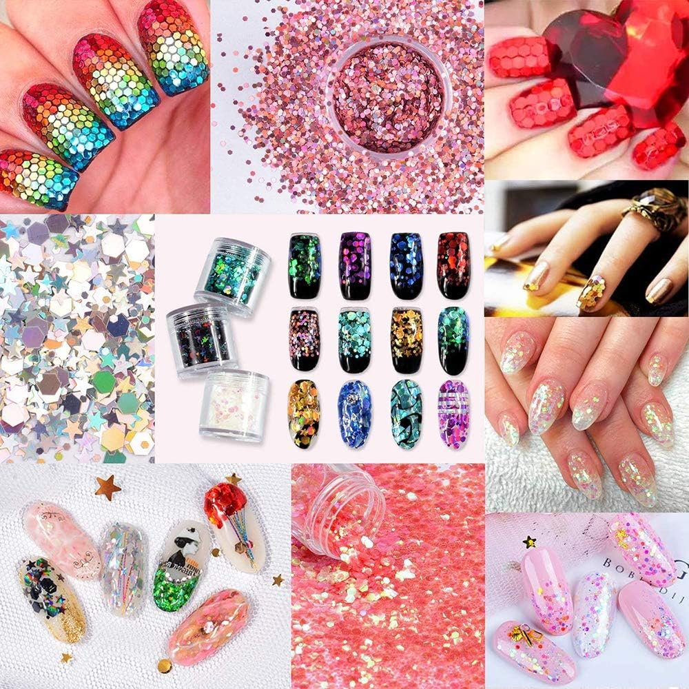 12 Boxes Hexagon Shape Sequins Face Glitter Chunky Glitters Flakes Colorful for Makeup Hair Nail Art Decoration image number 2