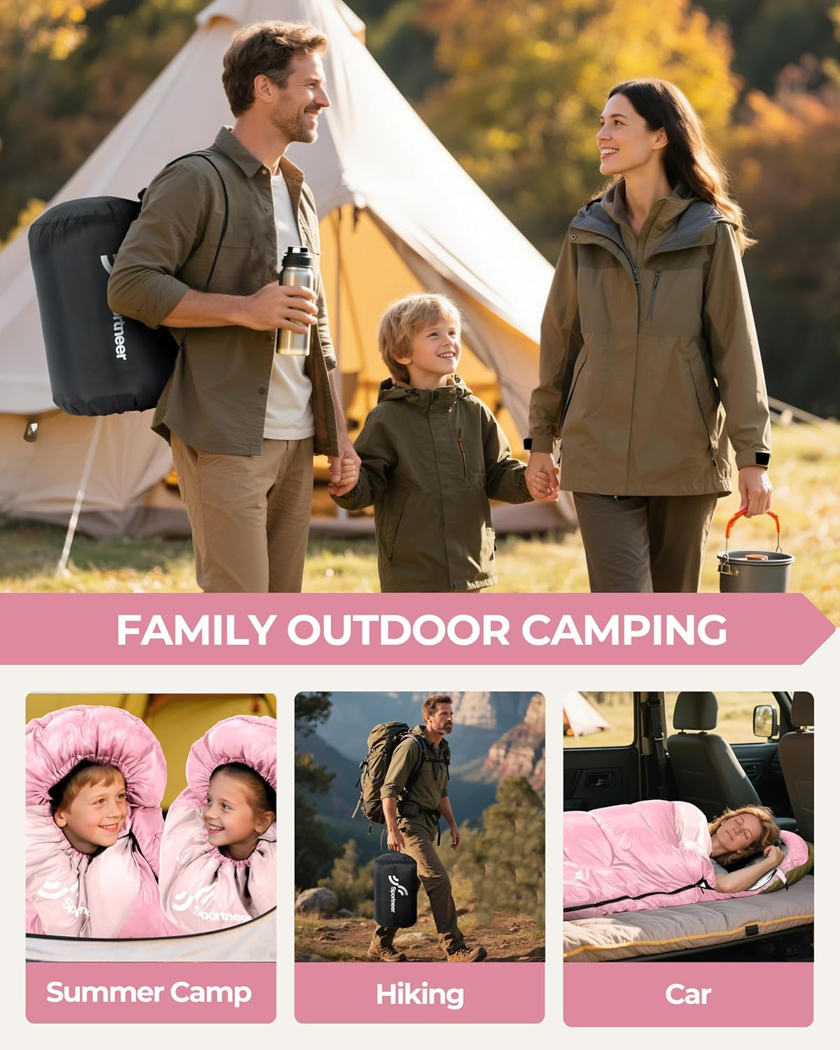 Sleeping Bag for Adults: Sportneer 3 Season Warm & Cold Weather Lightweight Sleeping Bags for Kids Adult Boys Girls Camping Hiking Outdoor Traveling