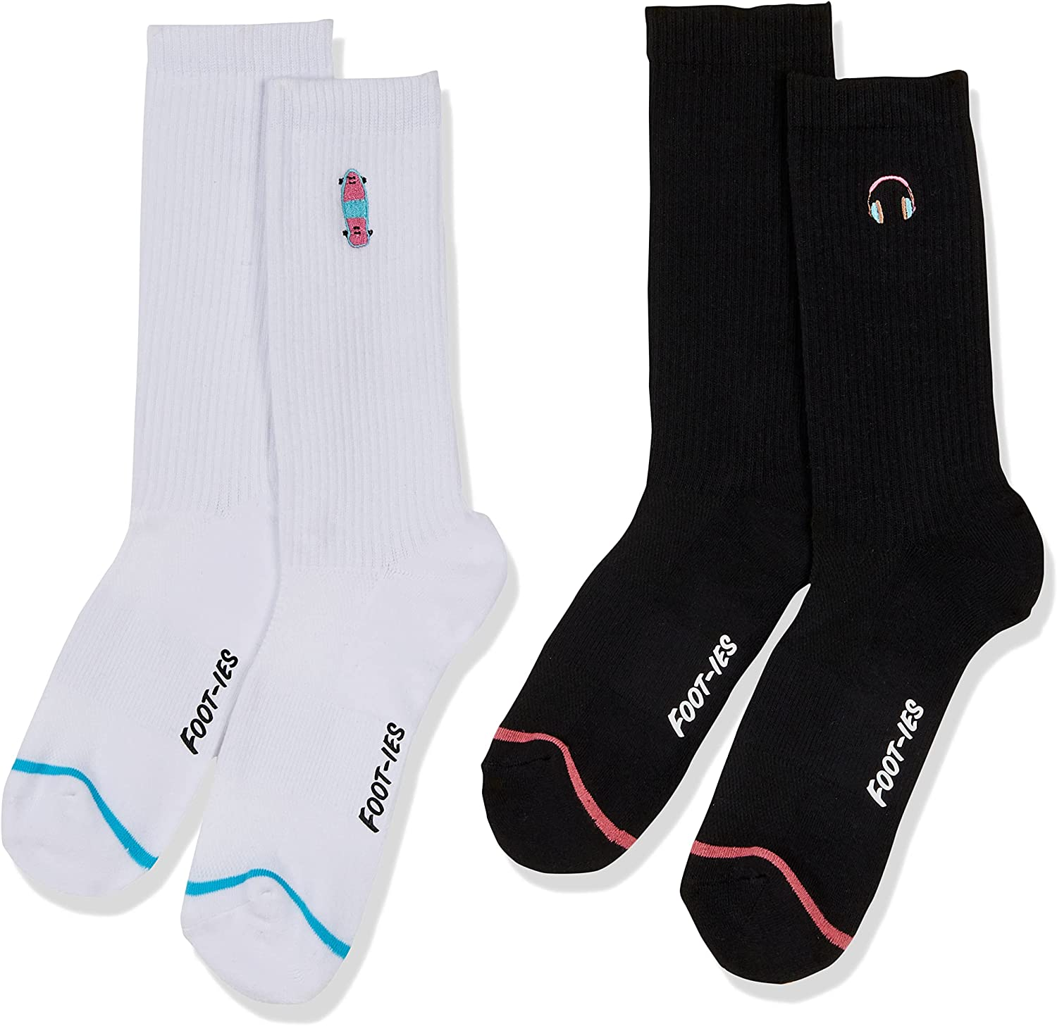 Unisex Adults Skateboard and Headphones Sneaker (Pack of 2) Socks, White/Black, Medium-Large US