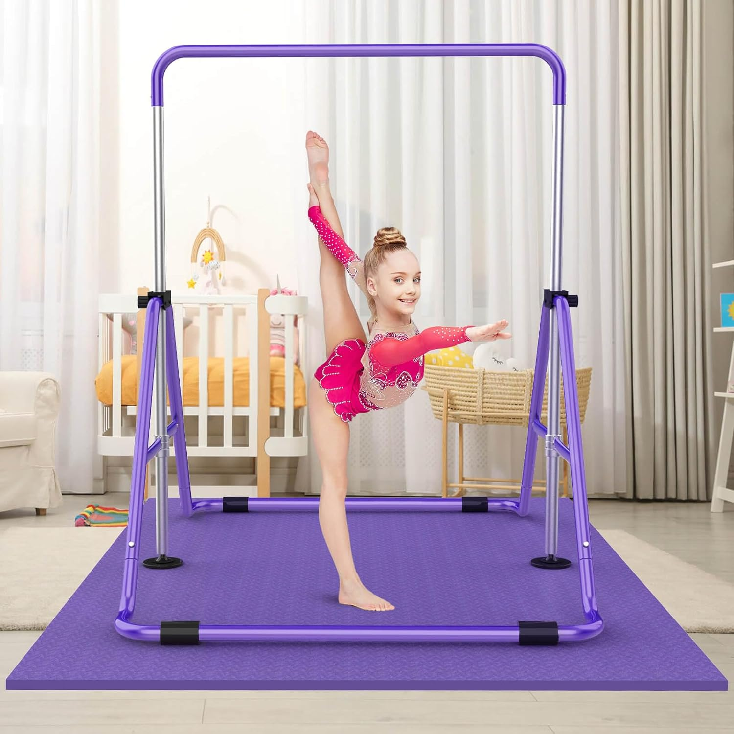 Gymnastic Bars for Kids with Adjustable Height, Folding Gymnastic Training Kip Bar, Junior Expandable Horizontal Monkey Bar for Home