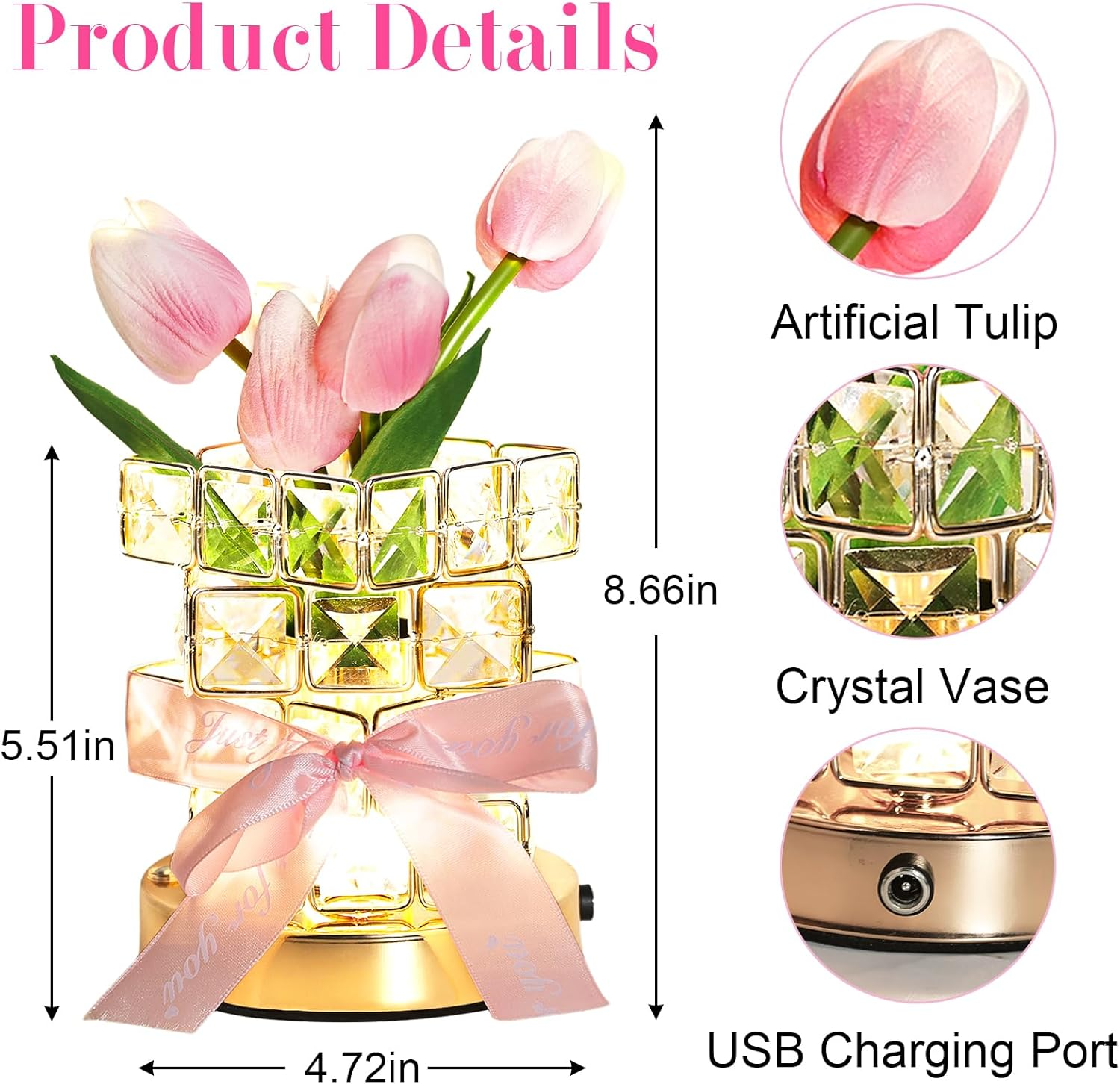 Tulips Flower Lamp,3 Colors Dimmable Crystal Pink Tulip Night Light,Rechargeable Cordless Flowers Table Lamp,Living Room Bedroom Mood Lighting Home Decoration Birthday Gifts for Women Mom (Tulip) image number 6