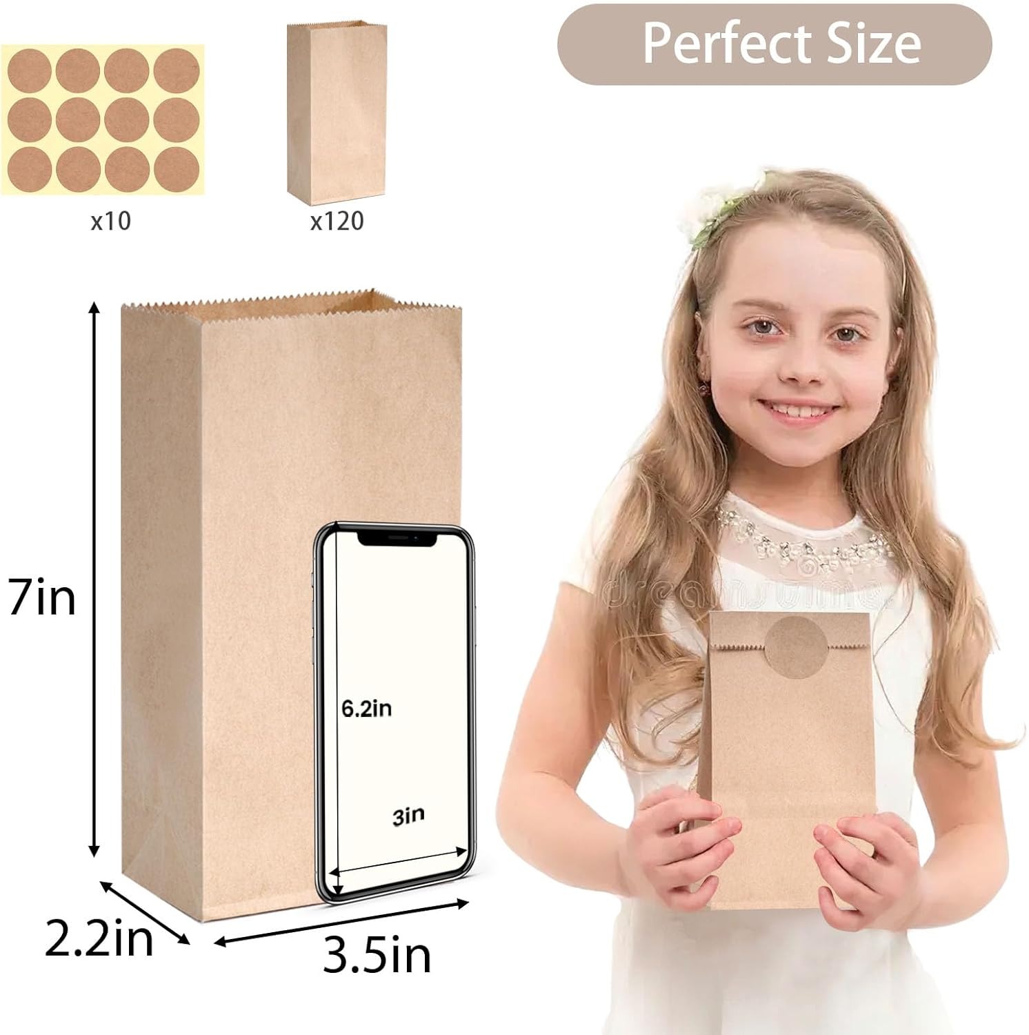 Shindel 120PCS Kraft Paper Bags, Brown Paper Bags with Stickers Mini Snack Bag Lunch Bag Treat Bag for Baby Shower Wedding Party Favors DIY Crafts image number 1