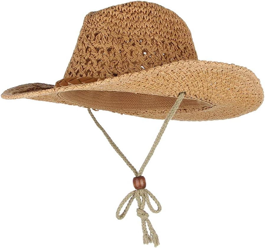 F Fityle Unisex Mens Womens Boys Girls Sun Hat Wide Brim Woven Western Straw Cowboy Hat - Khaki, Adult