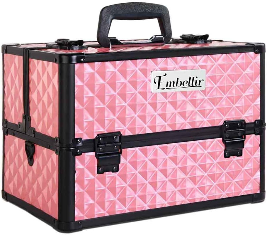 Embellir Makeup Case, Aluminium Lockable Beauty Cases Suitcase Make up Large Organisers Storage Portable Toiletry Cosmetic Box Travel Indoor Outdoor, with 4 Trays Shoulder Strap 8 Dividers Pink image number 5